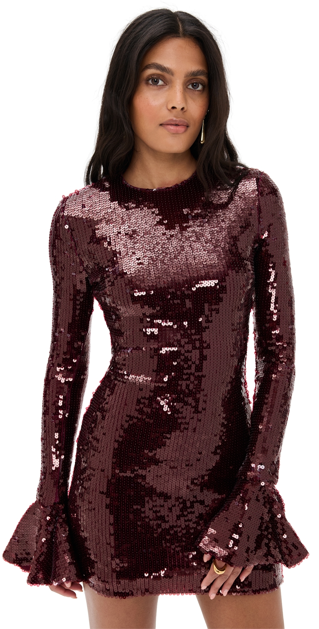 Rotate Birger Christensen Bordeaux Sequin Crewneck Mini Dress With Flared Sleeves In Tech Fabric Stretch Woman In Brown