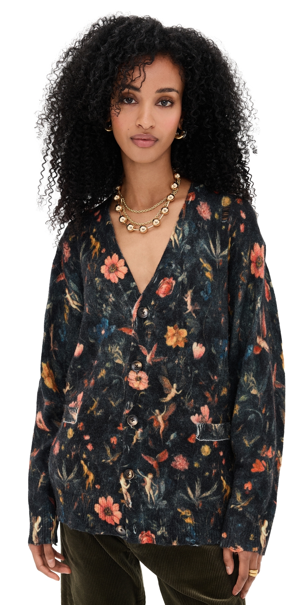 R13 Printed Boyfriend Cardigan Floral With Angels Black In Black