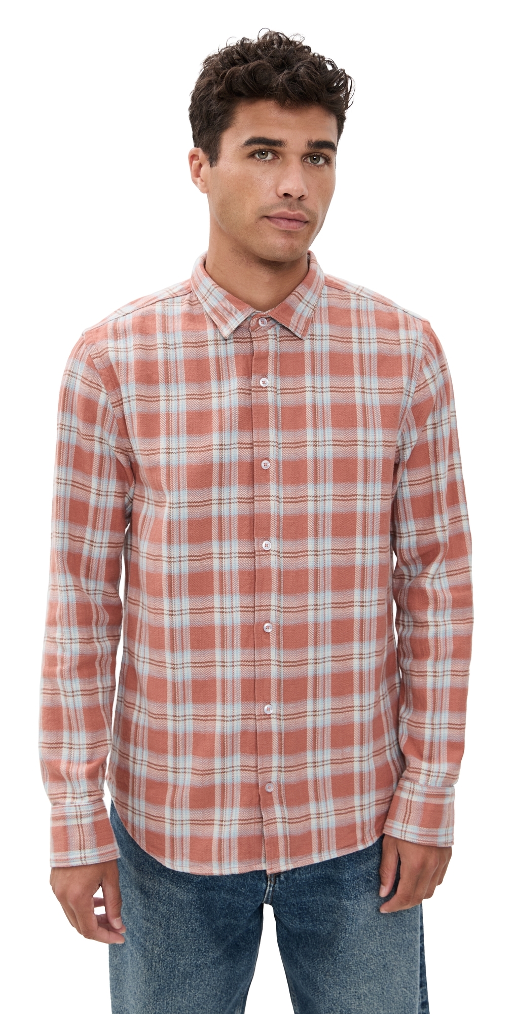 Save Khaki Japanese Slub Flannel Shirt Burnt Orange In Orange