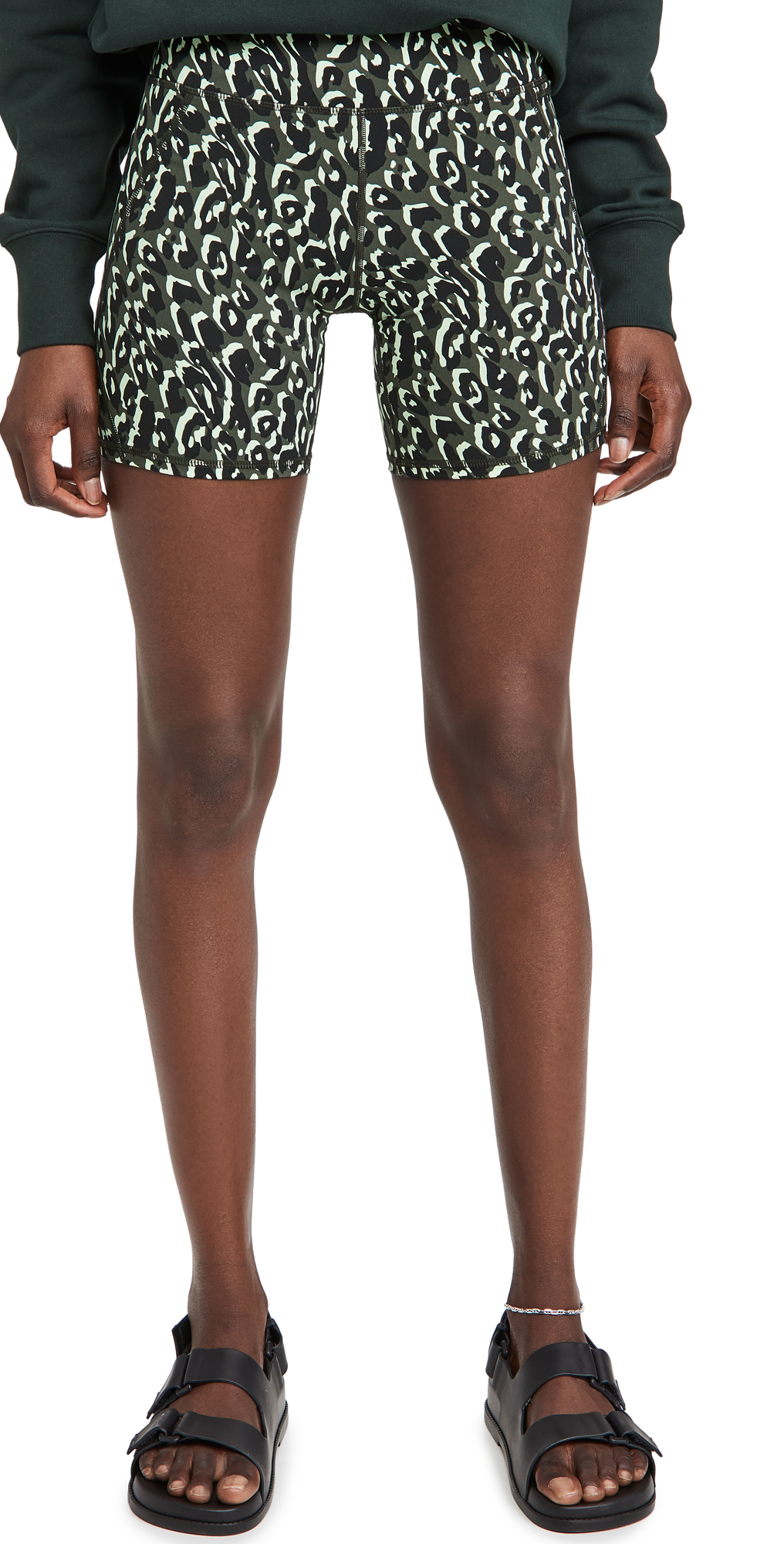 Sweaty Betty Power High Waist Pocket Bike Shorts In Green Leopard Print
