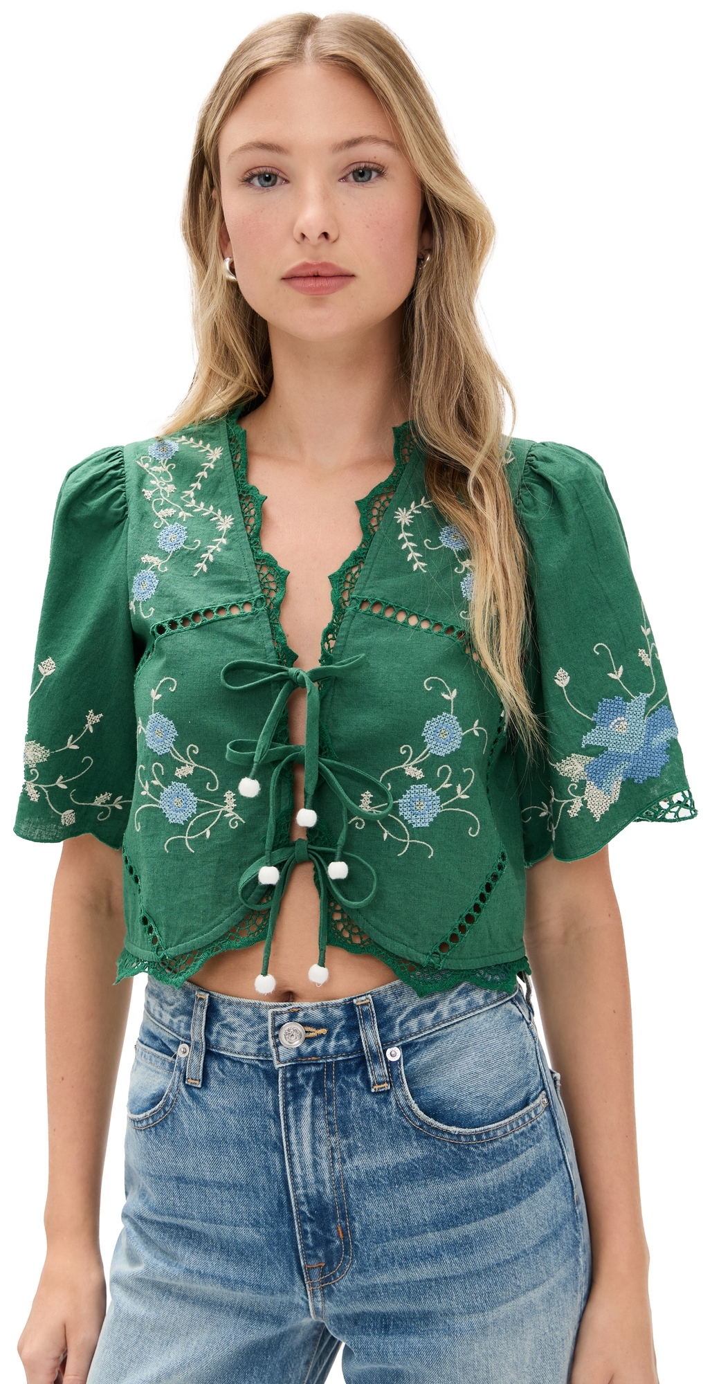 Sea Vesna Embroidery Tie Front Top Green In Green