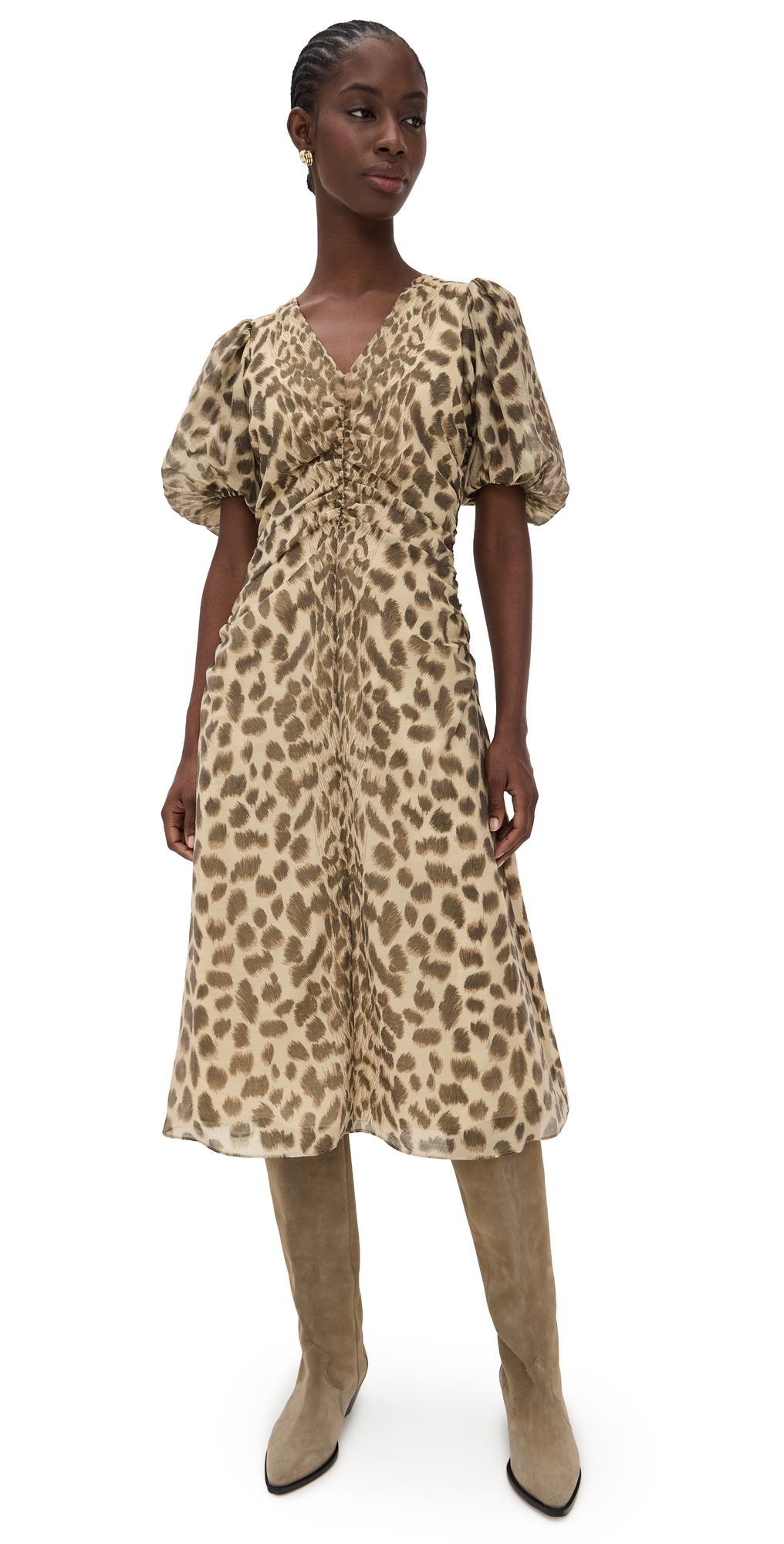 Sea Claude Print Puff Sleeve Midi Dress Cream In Neutral