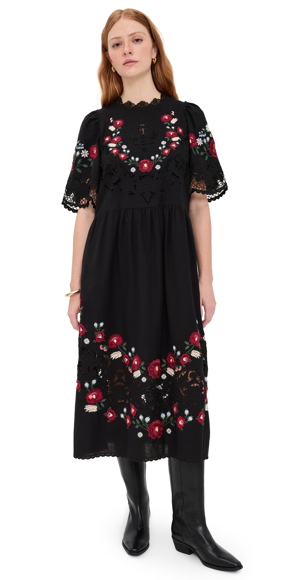 Sea Rosaline Embroidered Broderie Anglaise Cotton And Linen-blend Midi Dress In Black