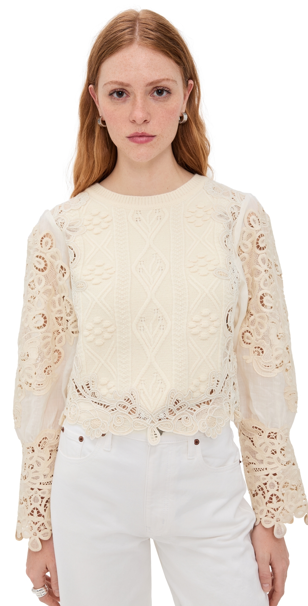 Sea Vania Lace Combo Sleeve Sweater Cream In Neutral