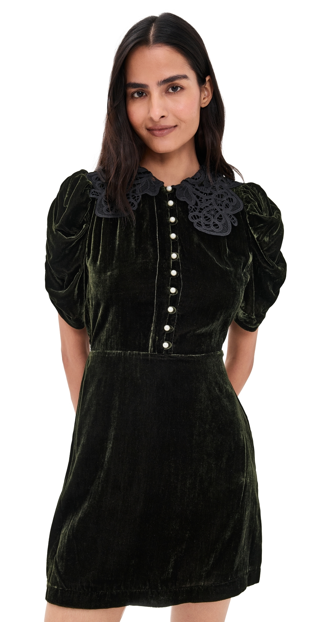 Sea Norabelle Short Sleeve Velvet Mini Dress Olive In Green