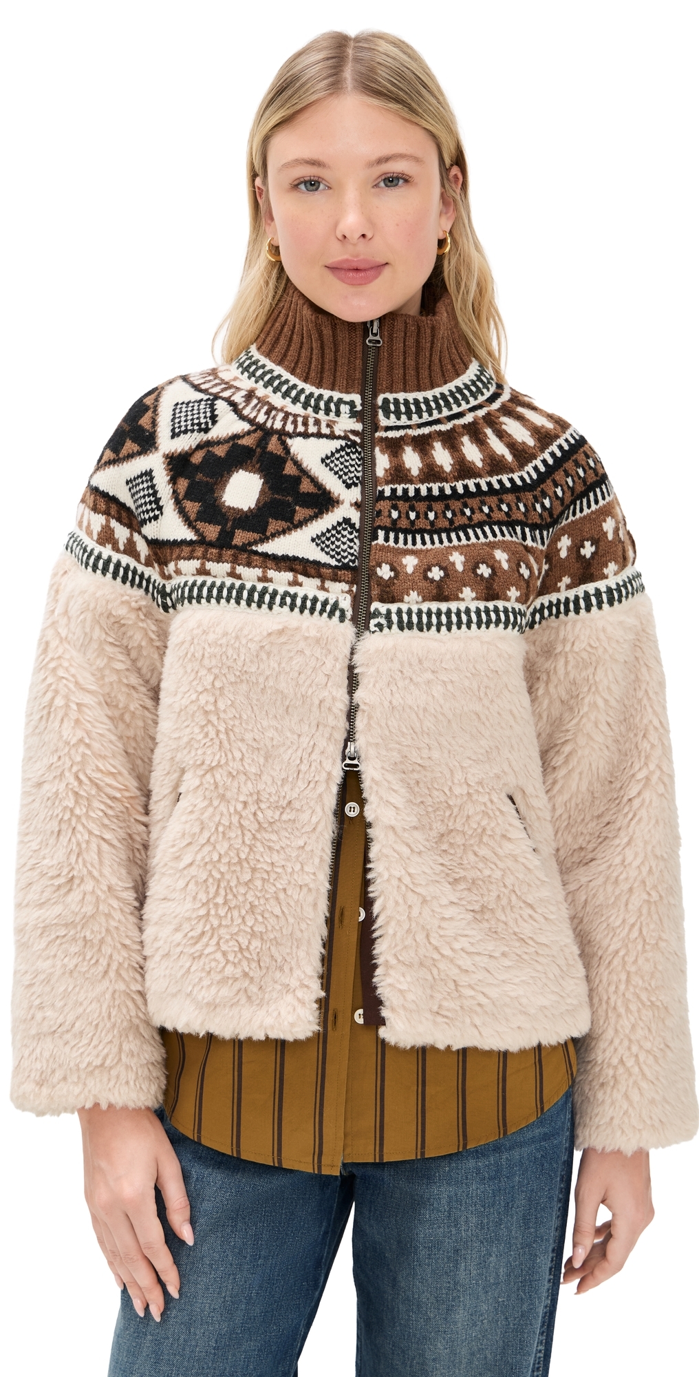 Sea Linea Fair Isle Knit Combo Fleece Jacket Multi In Neutral