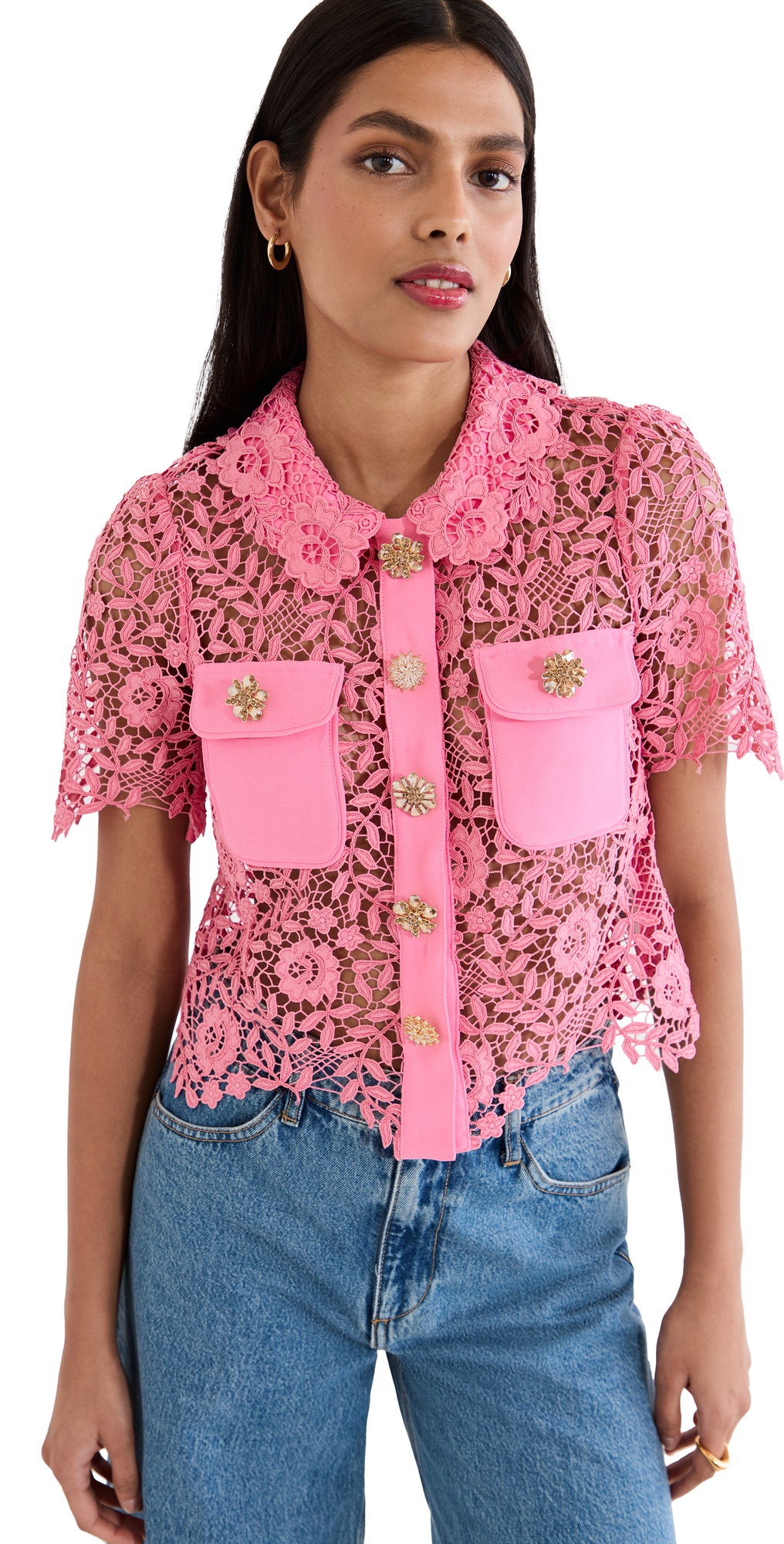Self-portrait Embellished Crepe-trimmed Guipure Lace Shirt