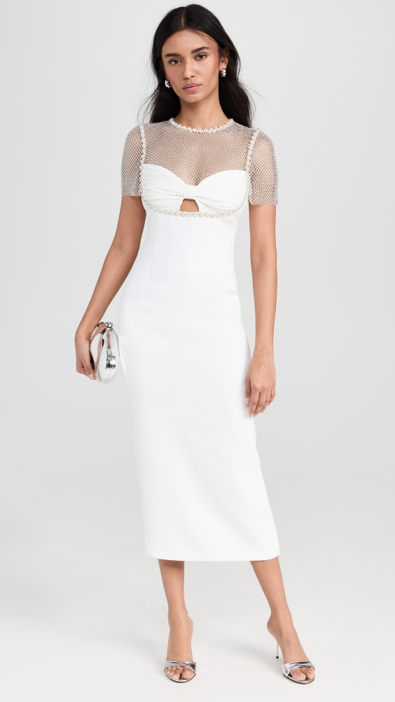 White Crepe Diamante Midi Dress
