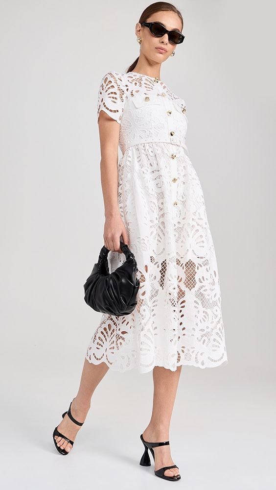 White Cotton Lace Button Midi Dress