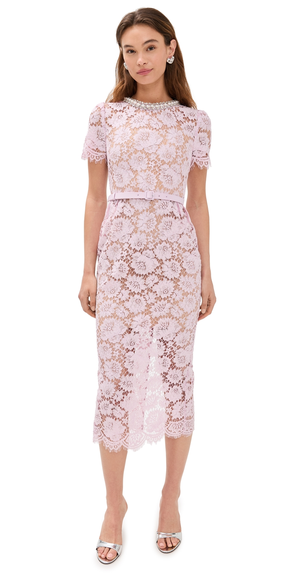 Self-portrait Pink Fine Lace Pearl Midi Dress In Pink