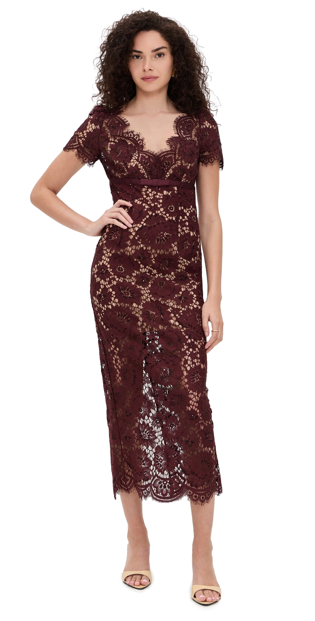 Self-portrait Womens Burgundy Floral Lace Bow-embellished Woven Midi Dress In Red