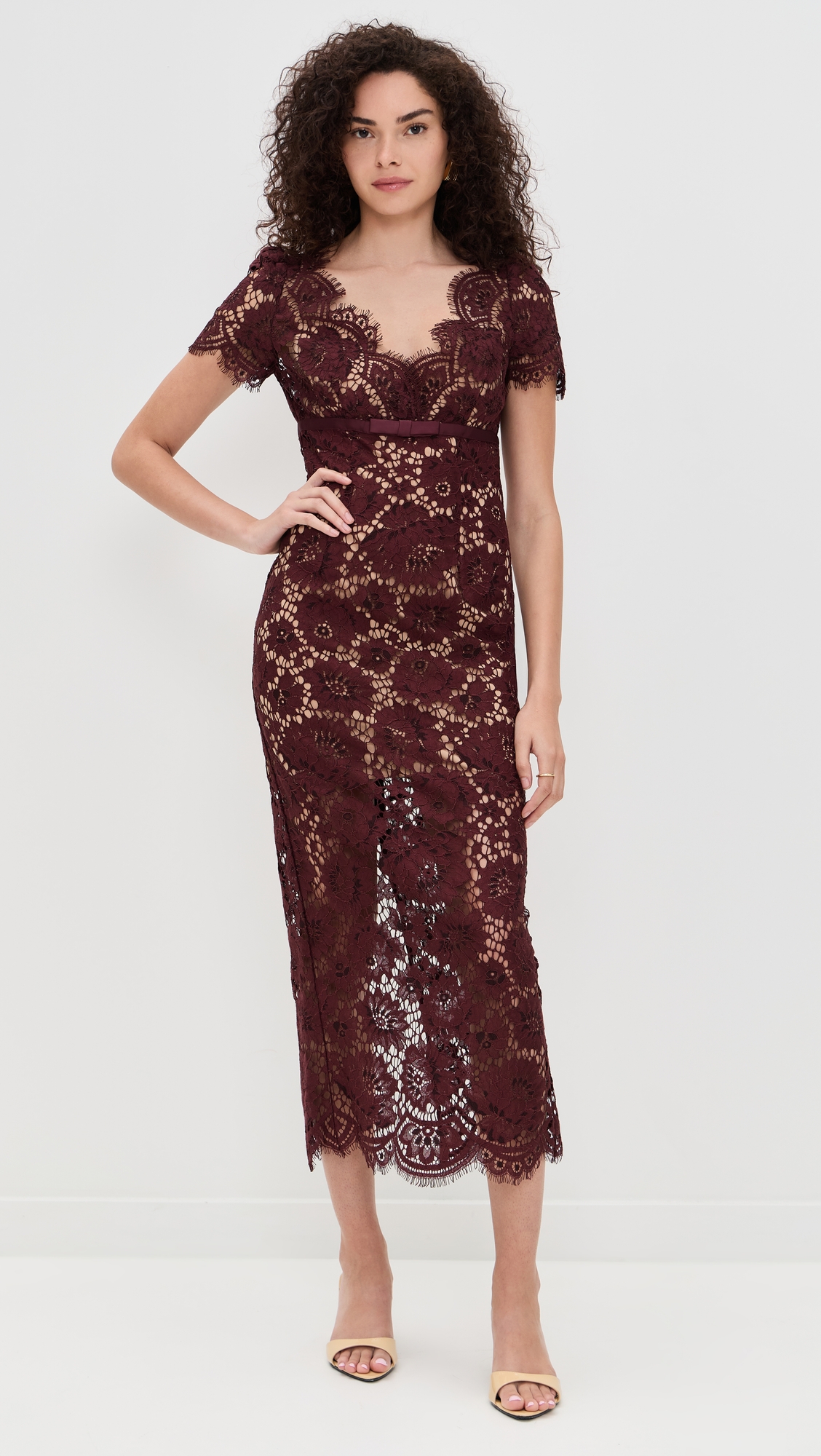 self-portrait Burgundy Floral Lace Midi Dress thumbnail