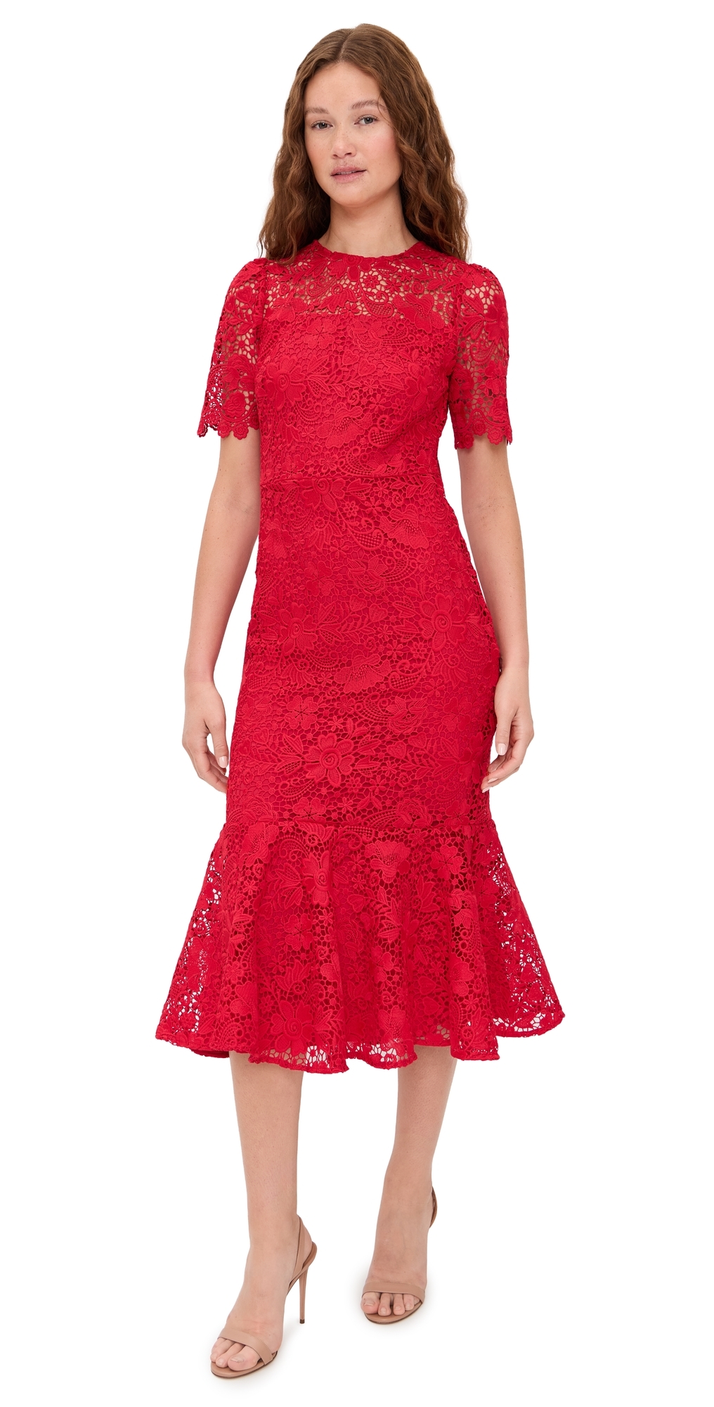 Shoshanna Darcy Floral Lace Flounce Midi Dress In Red