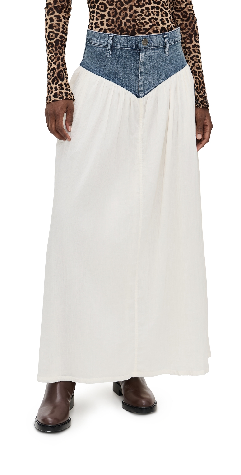 Show Me Your Mumu Joni Maxi Skirt Denim With Cream Voile In Multi