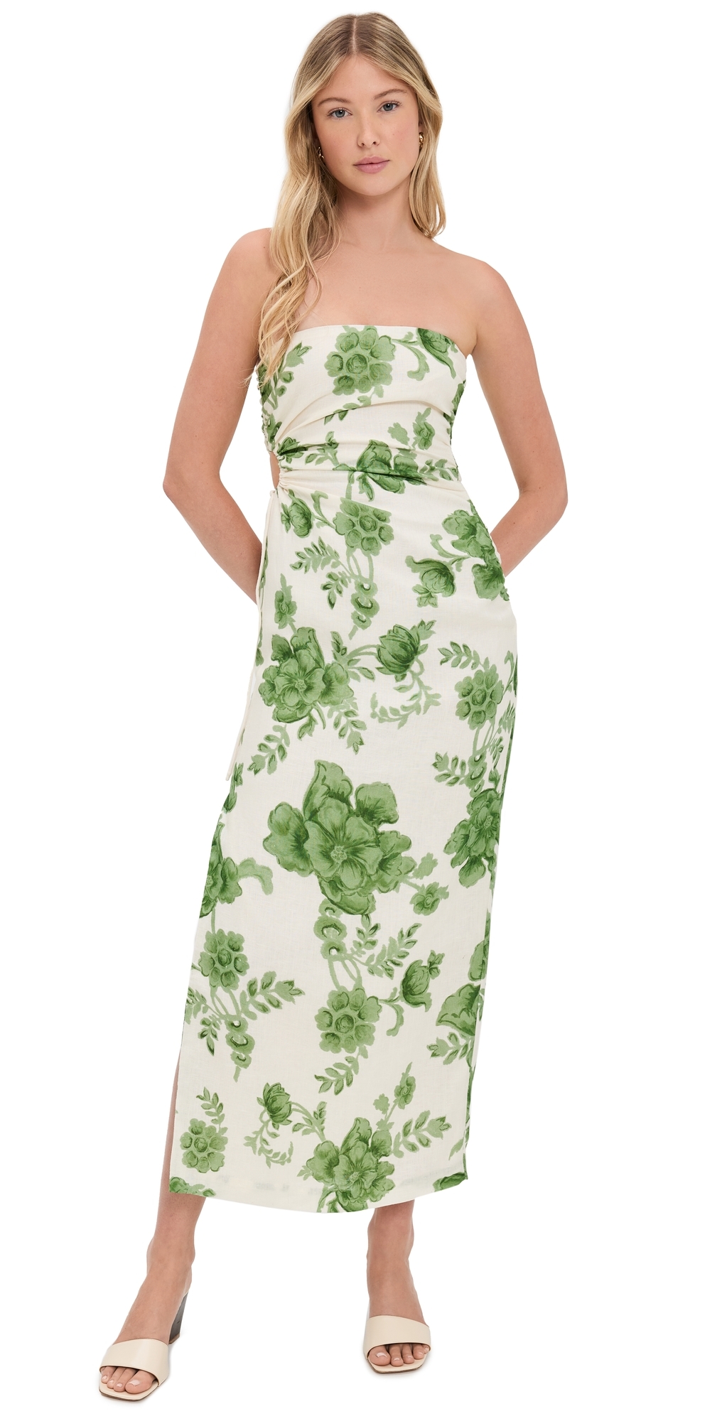 Sir Gardella Strapless Cutout Floral-print Linen Midi Dress In Green