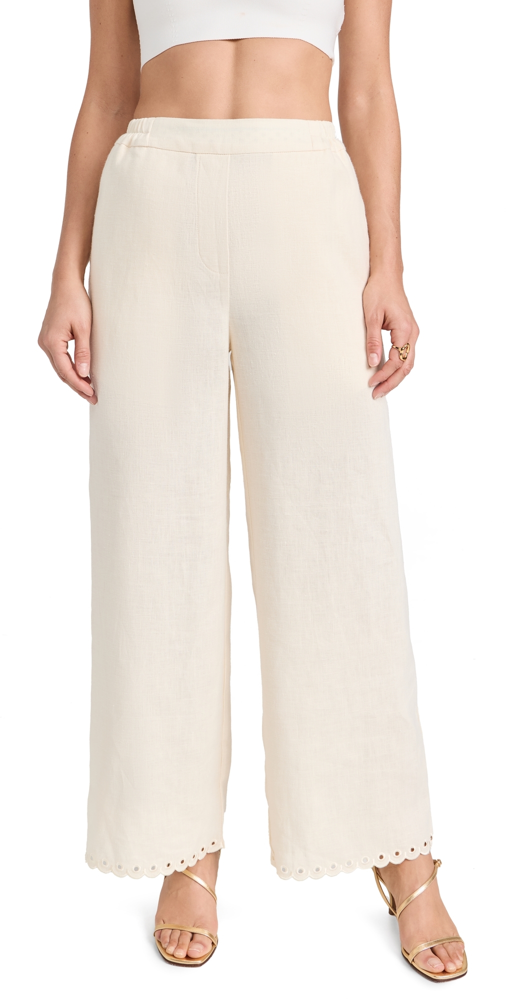 Shop Sleeper Sofia Linen Embroidered Pants White Asparagus