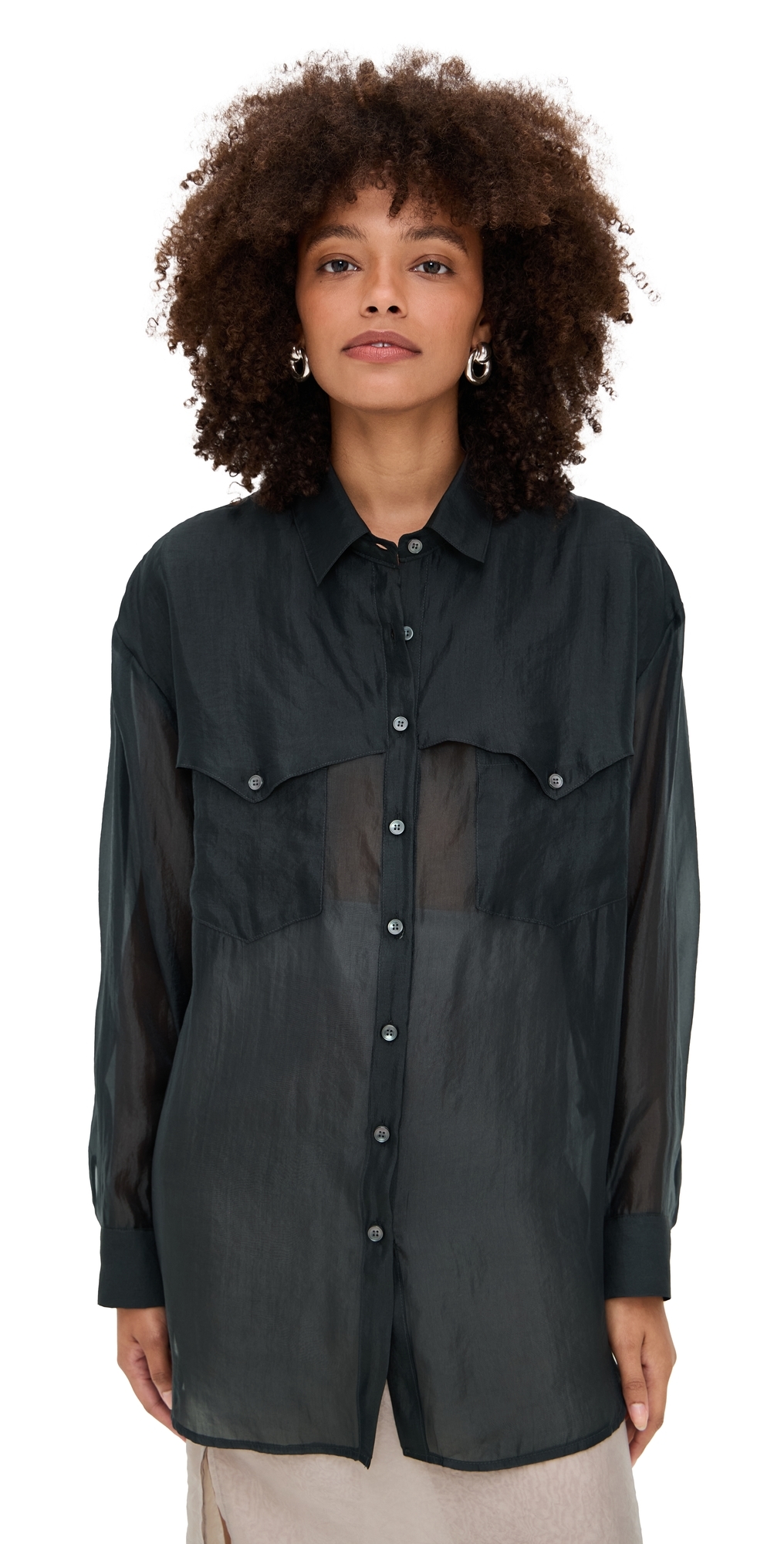 Simonett Sheer Western Button Up Blouse Gray In Black