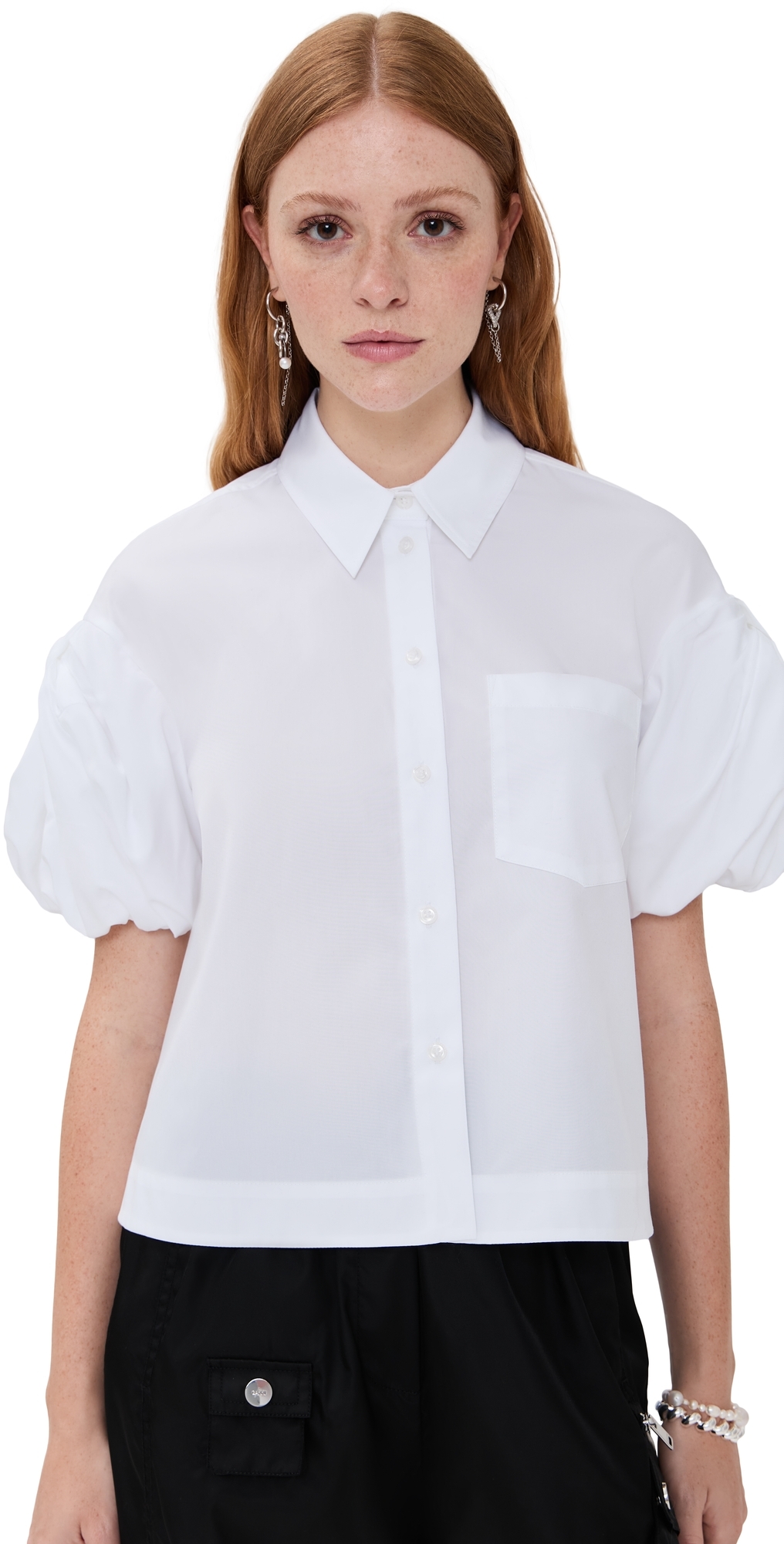 Simone Rocha Cropped Puff-sleeve Cotton Poplin Shirt In White