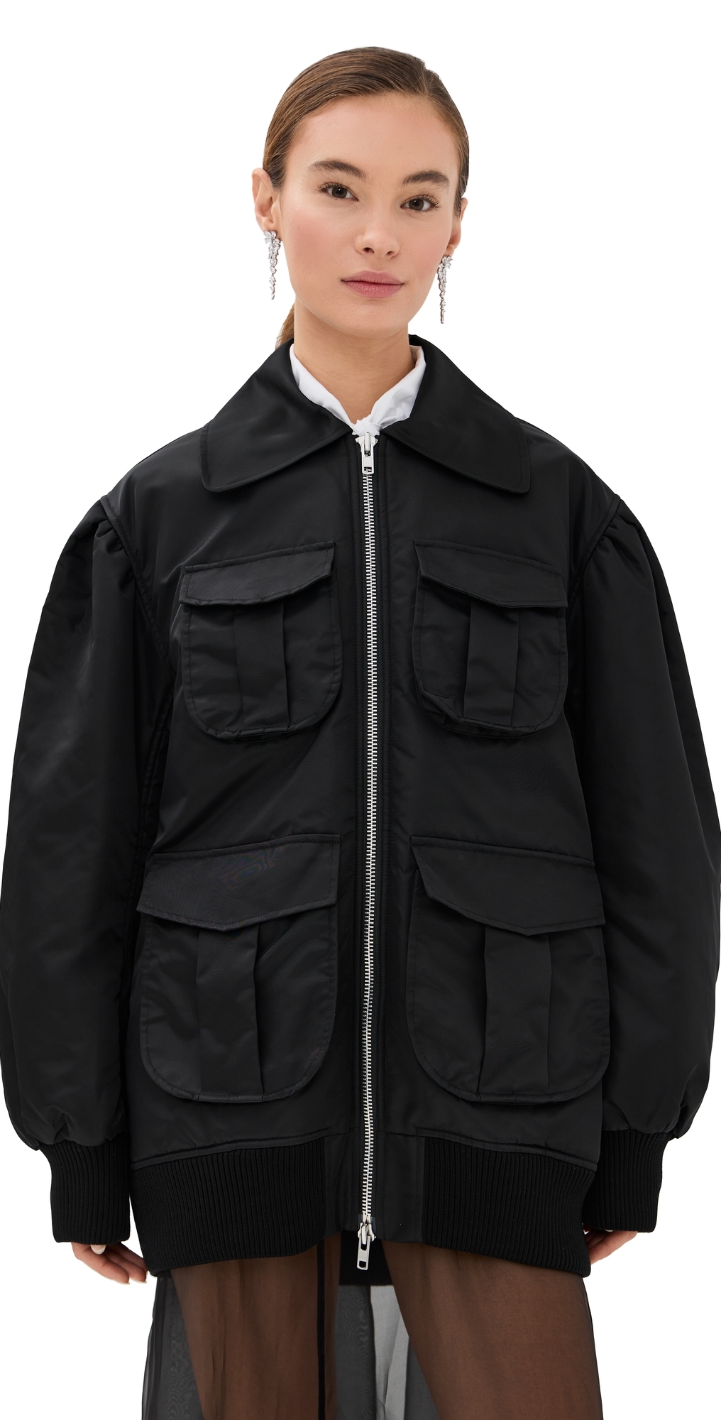 Simone Rocha Puff Sleeve Multi Pocket Bomber Jacket Black In Black