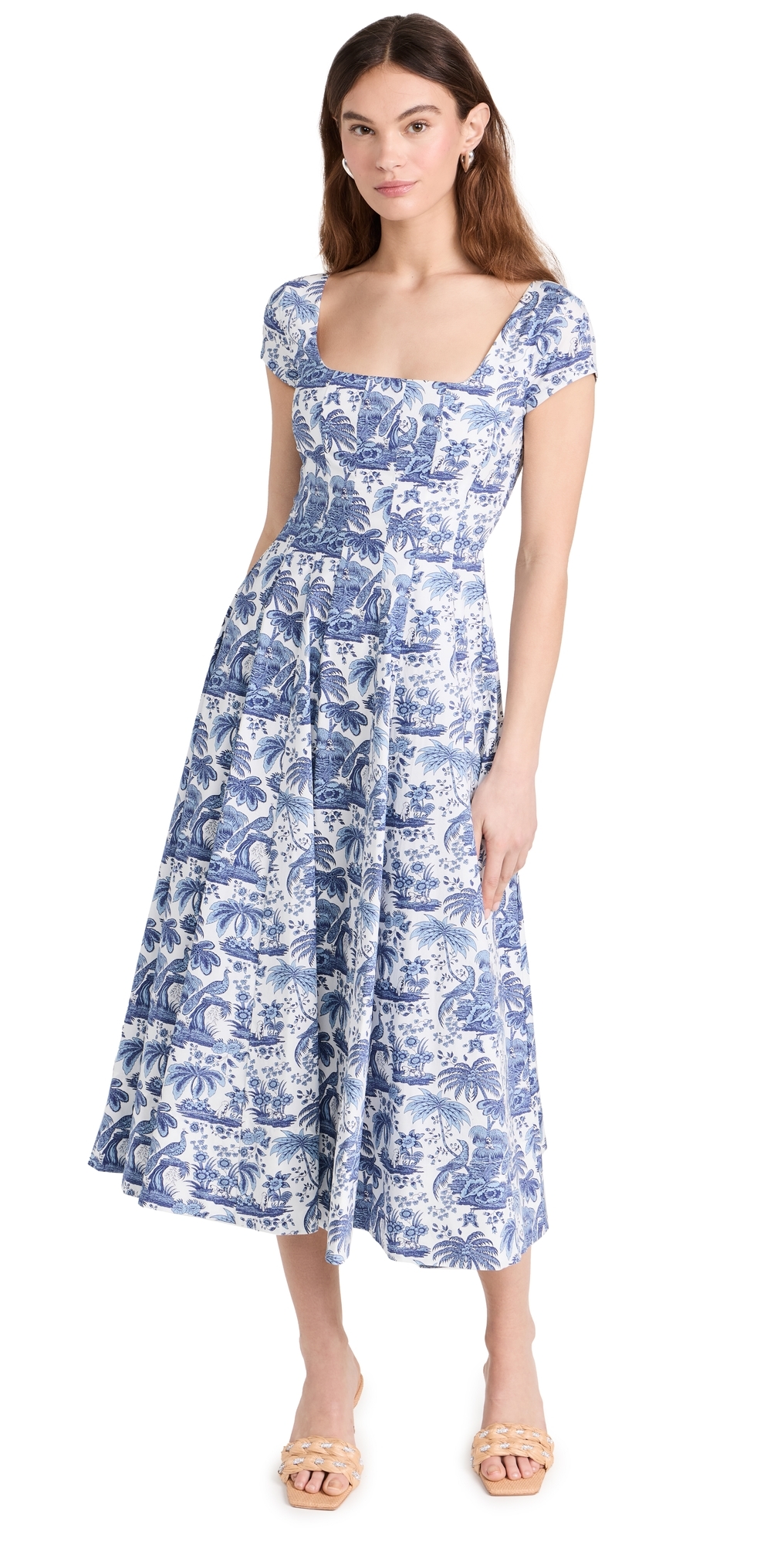 Staud Wells Short-sleeve Square-neck Toile Midi Dress In Blue Toile