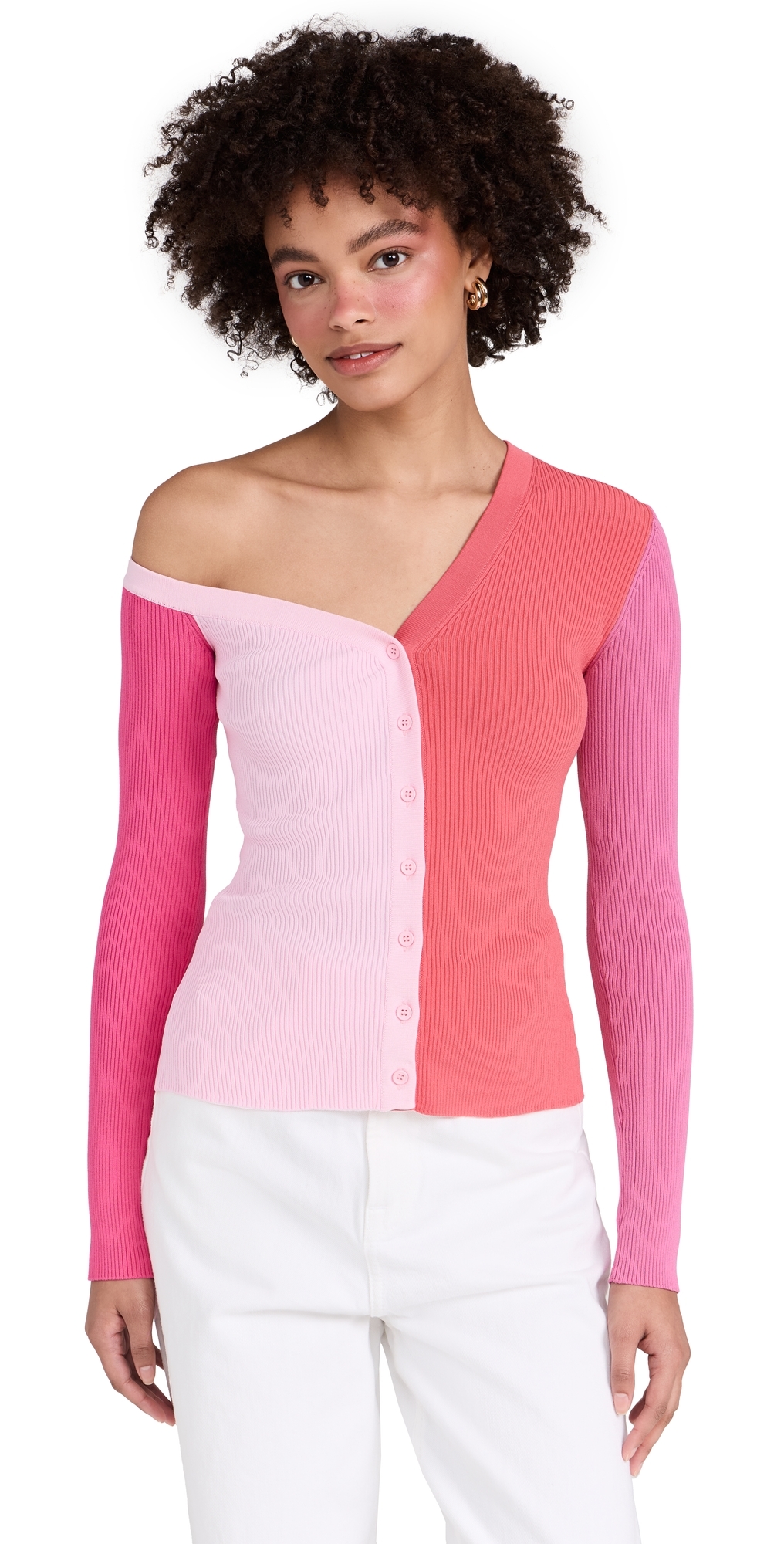 Staud Pink Color Block Cardigan In Flamingo Multi