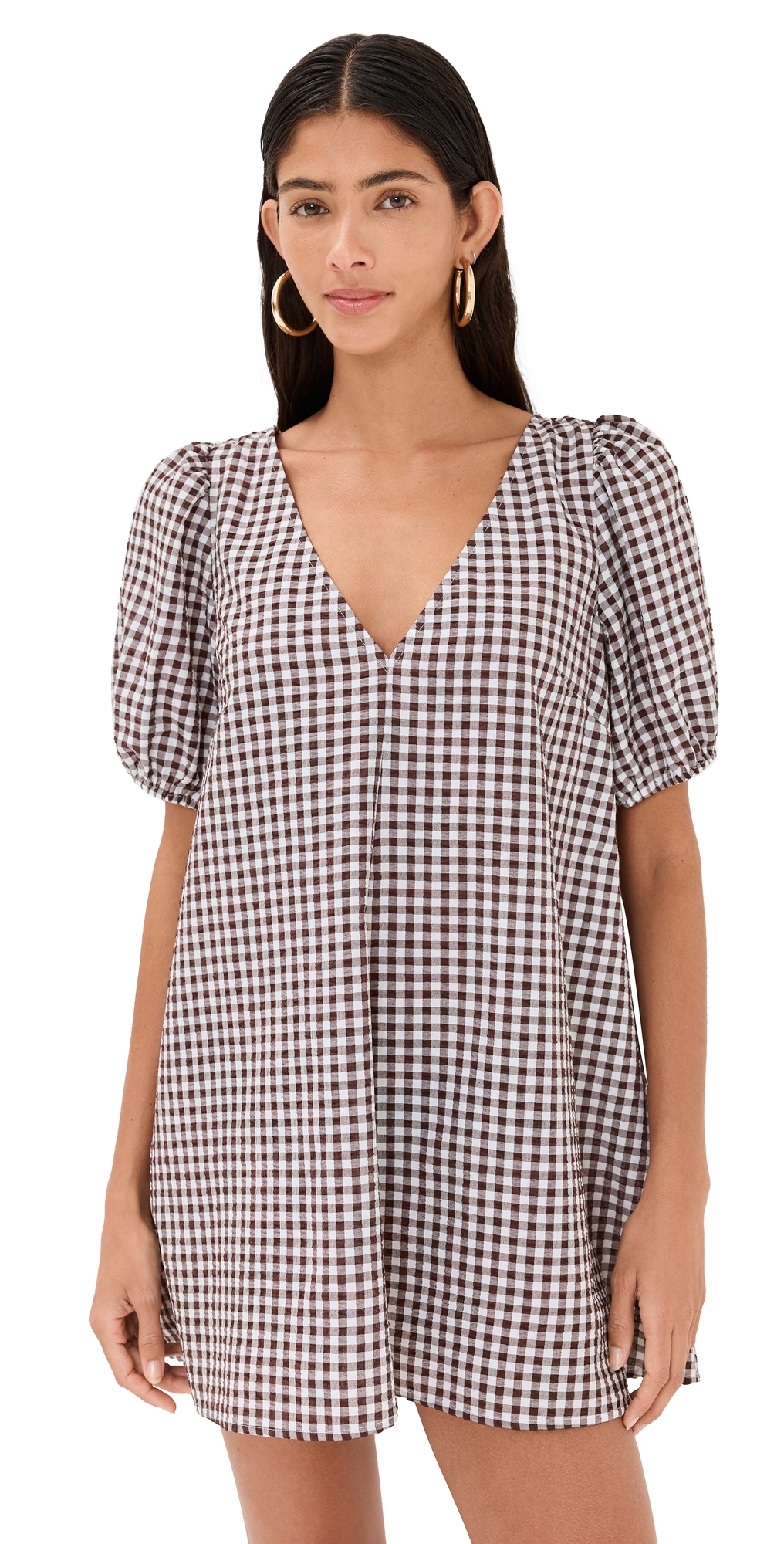 Staud Marsh Mini Dress Dark Chocolate Gingham In Dark Chocolate Gingham