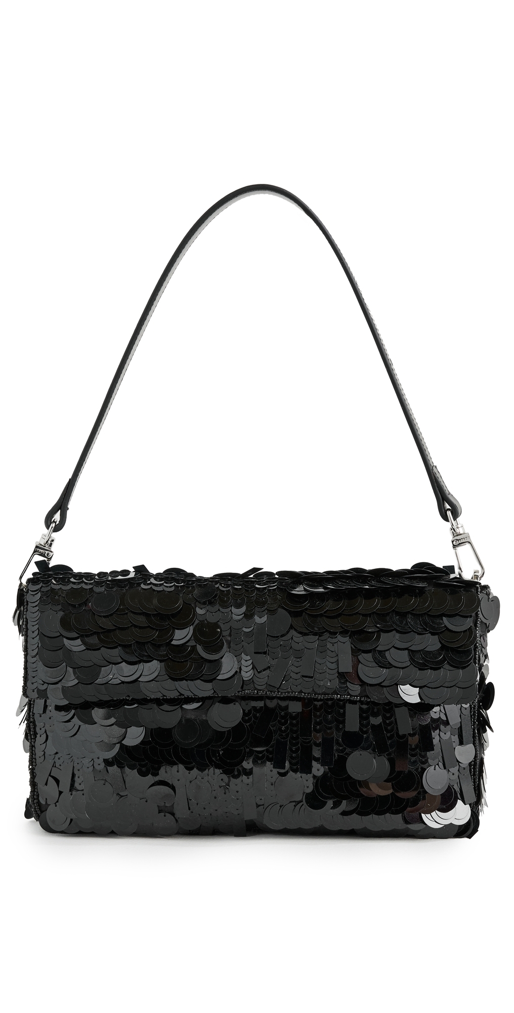 Staud Timmy Leather-trimmed Sequined Satin Shoulder Bag In Black