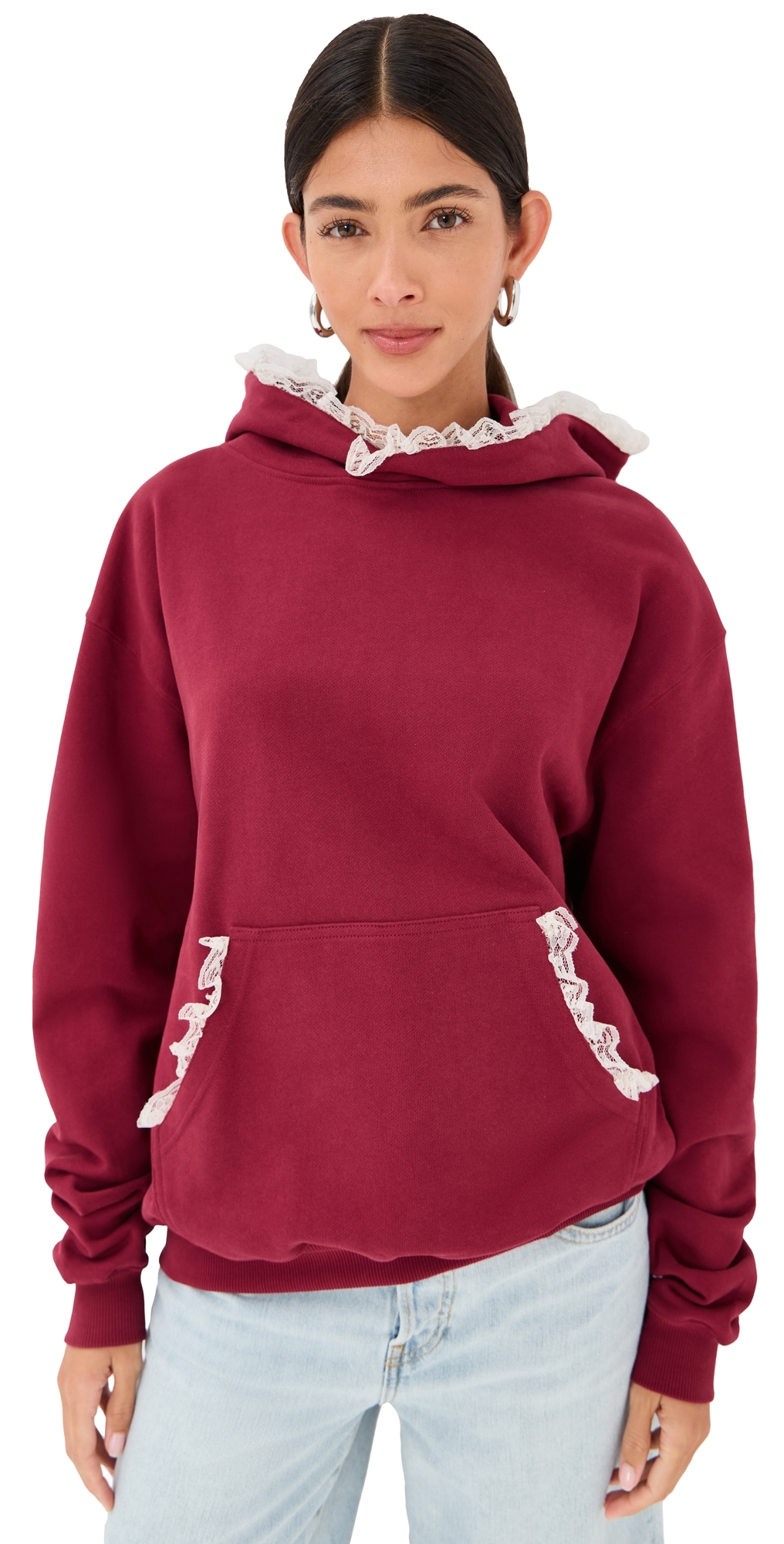 Tanner Fletcher Becky Lace Trim Hoodie Burgundy In Multi