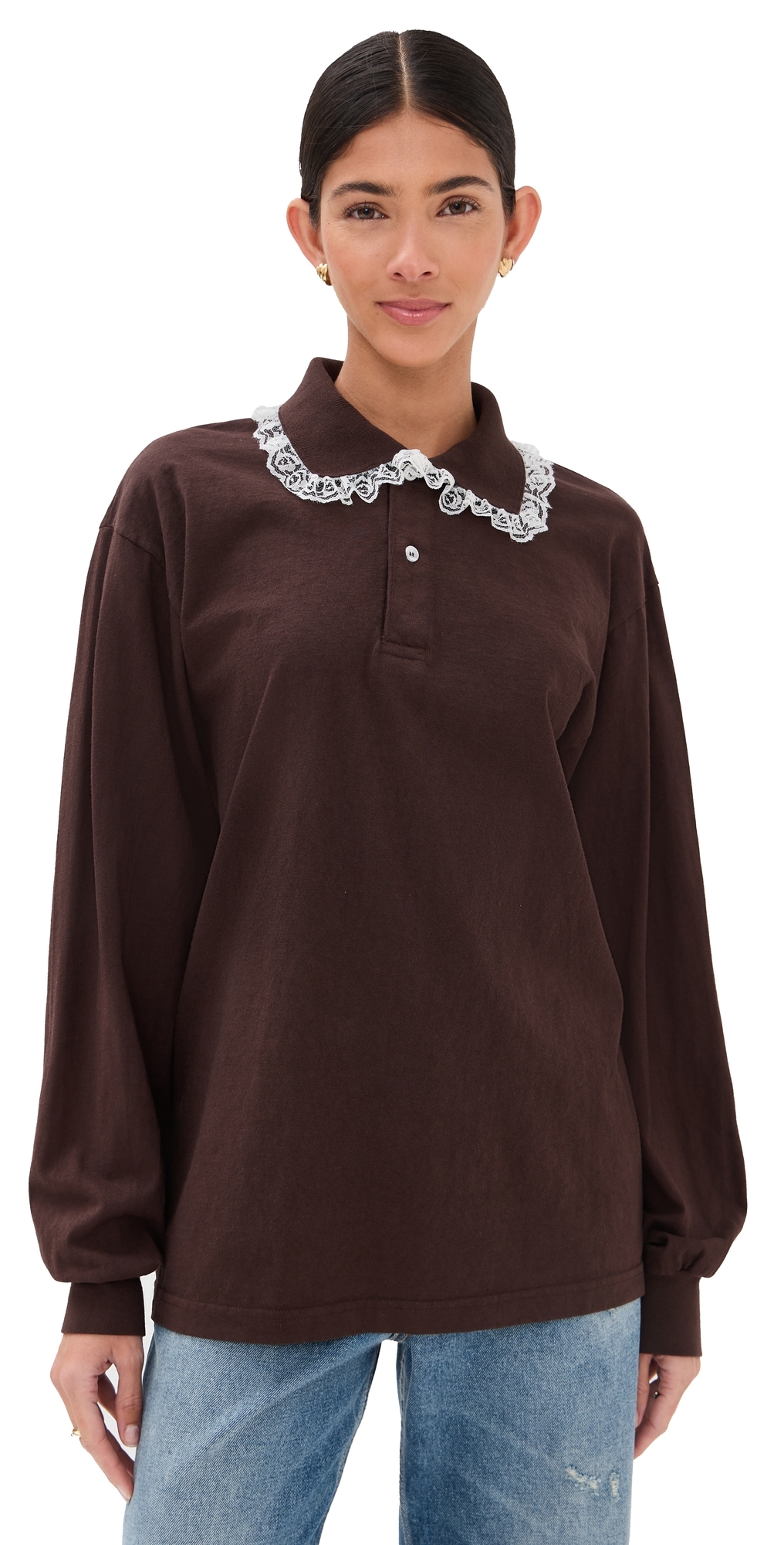 Tanner Fletcher Cletus Lace Trim Long Sleeve Polo Brown In Brown