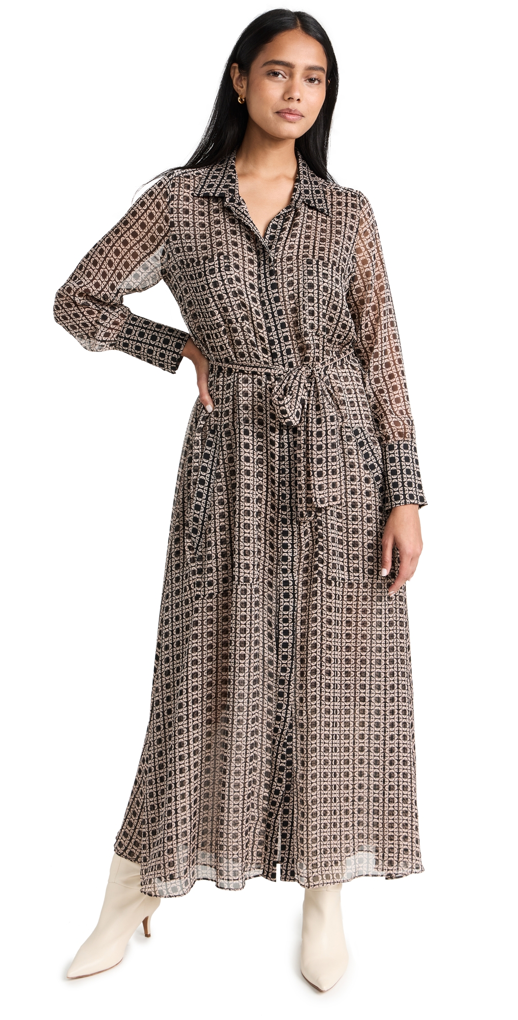 Misa Ines Belted Midi Geo-print Chiffon Dress In Lattice Tile