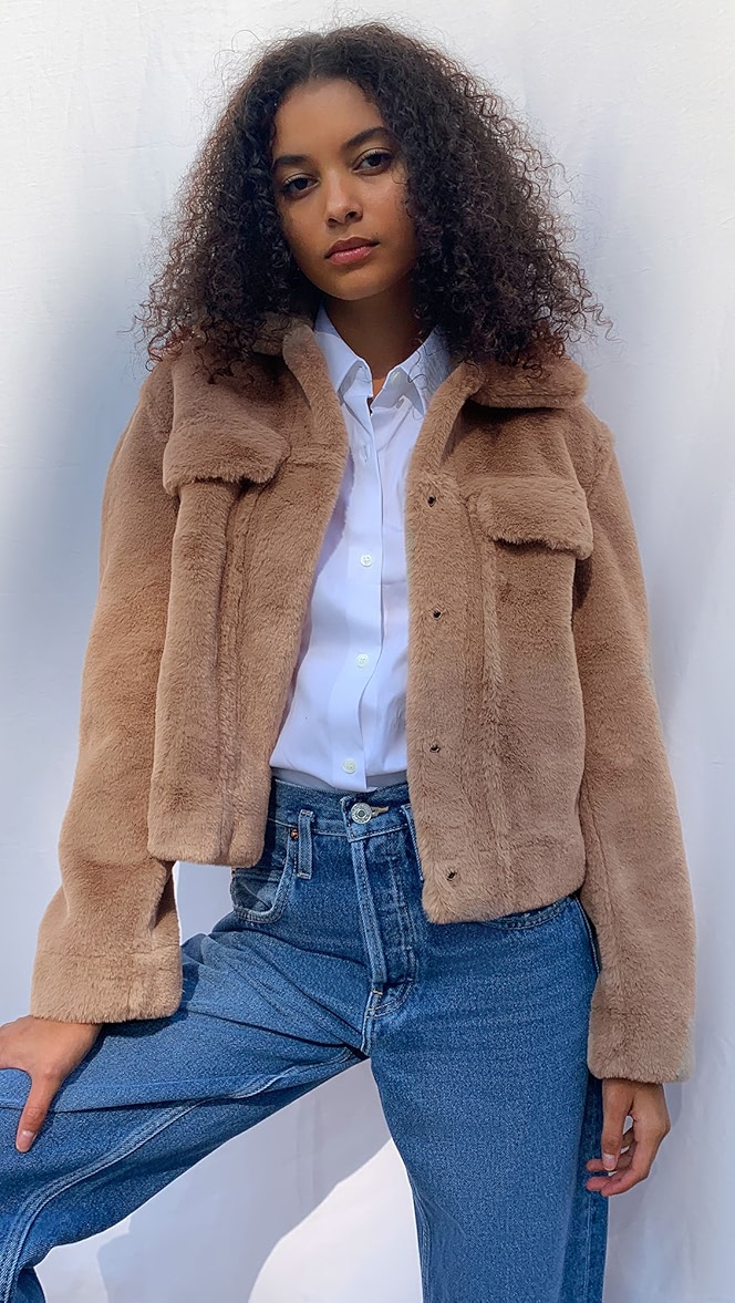 Theory aspen faux fur trucker jacket clearance