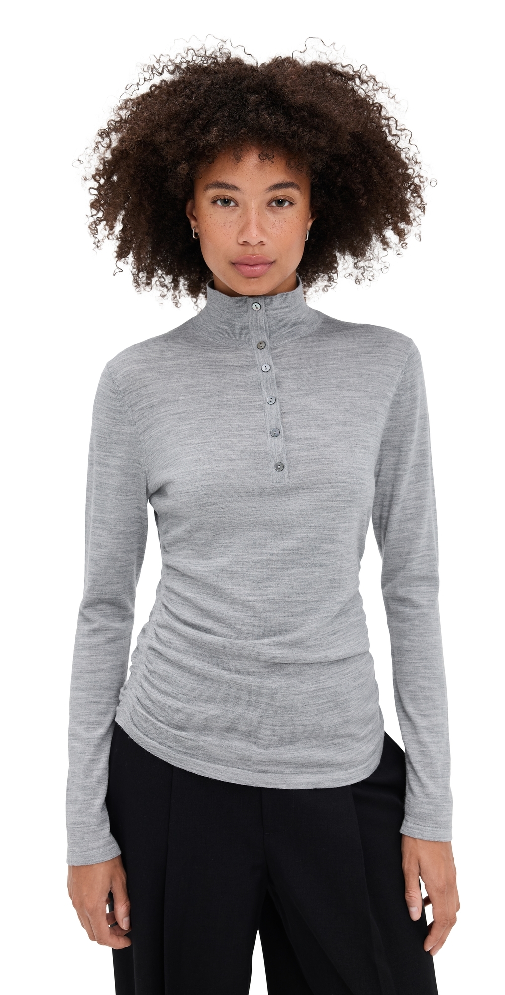 Theory Shirred Mock Neck Merino Wool Top In Gray