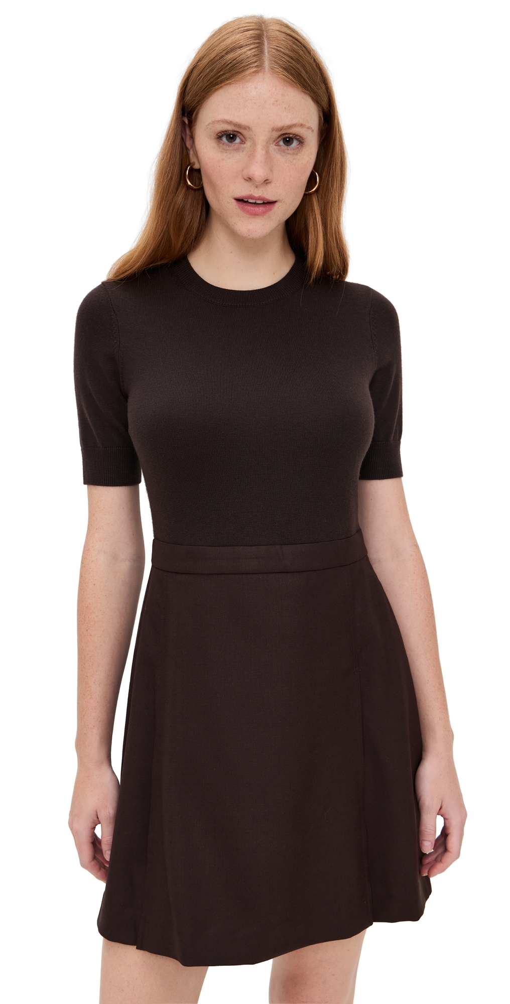 Theory Short Sleeve Mixed Media Minidress In Brown