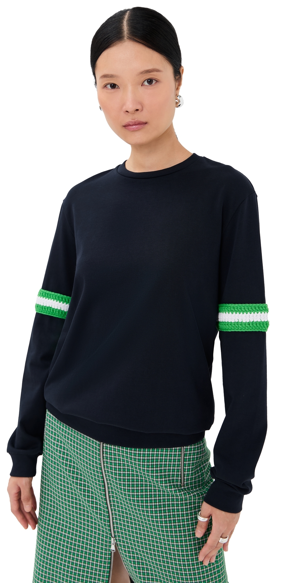 Tibi Sport Knit Crewneck T With Crochet Trim Navy In Black