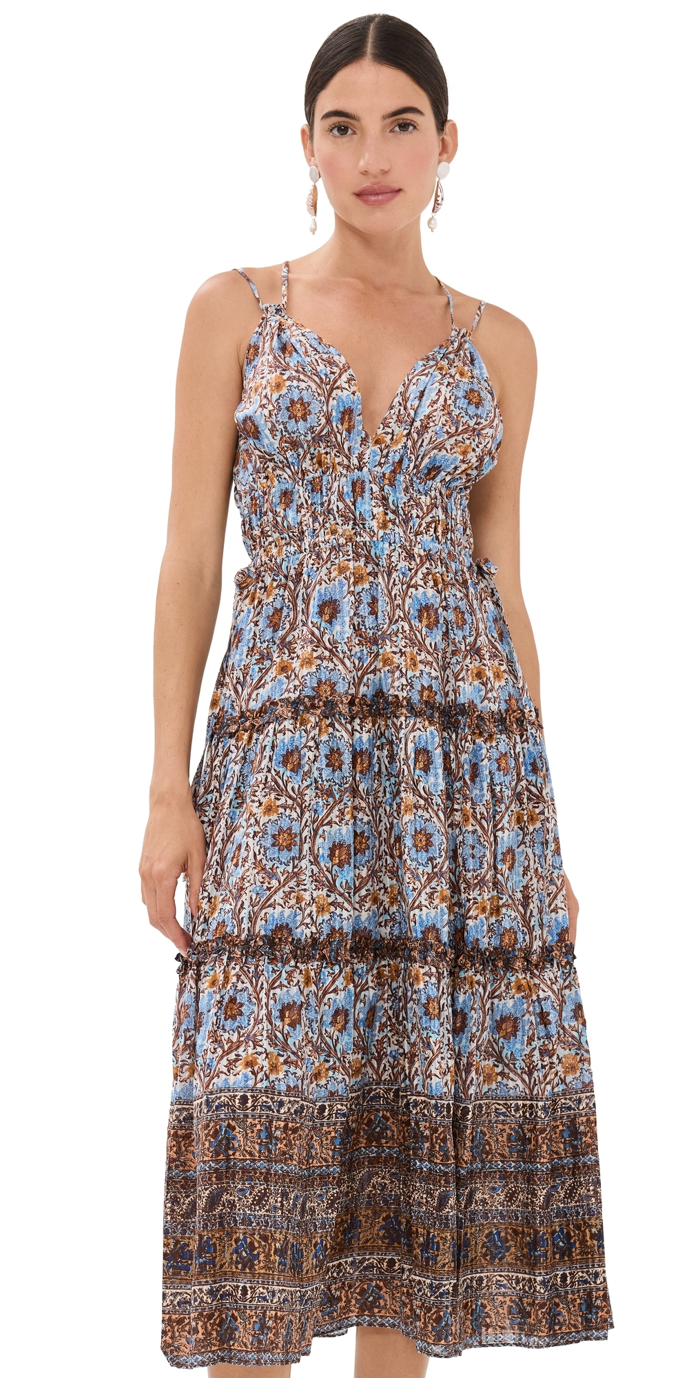 Ulla Johnson Rosa Mixed Print Tiered Cotton Blend Midi Dress In Caspia