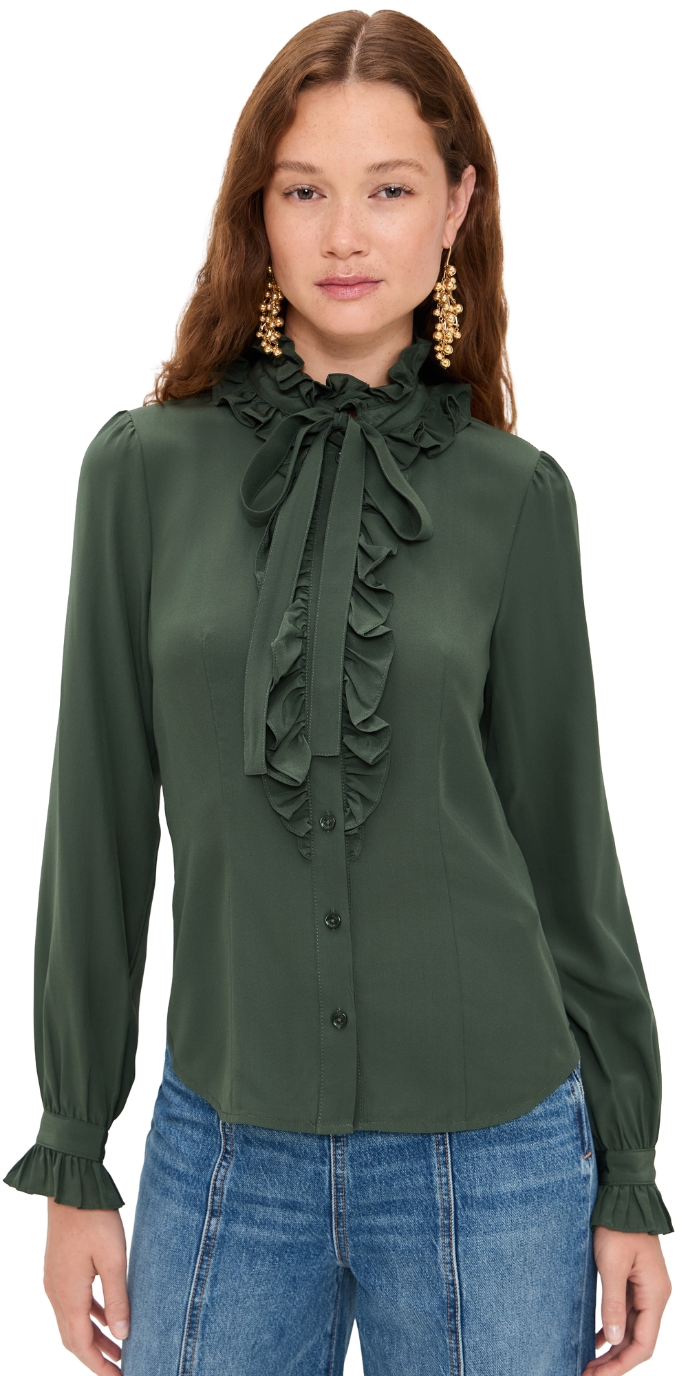 Ulla Johnson Catroux Silk Long Sleeve Button Front Blouse Cypress In Green