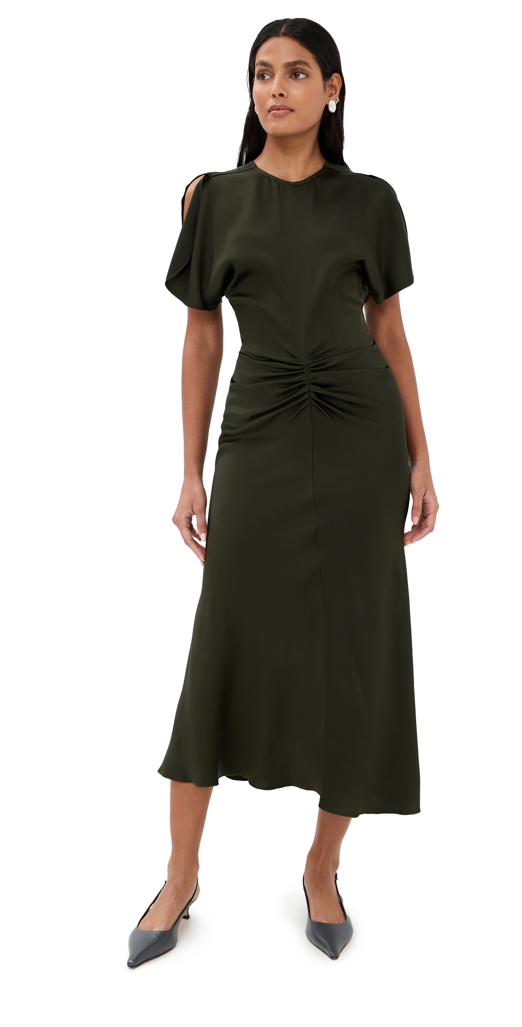 Victoria Beckham Gathered Waist Midi Dress Dark Olive In Green