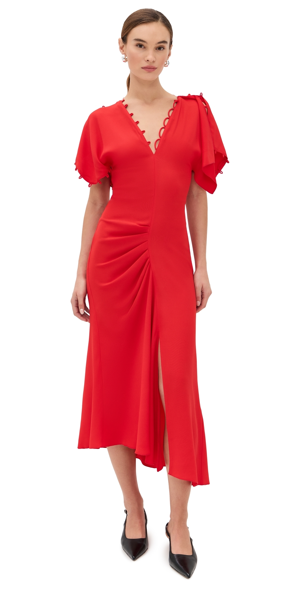 Victoria Beckham Short Sleeve Rouleaux Detail Dress Cayenne In Red
