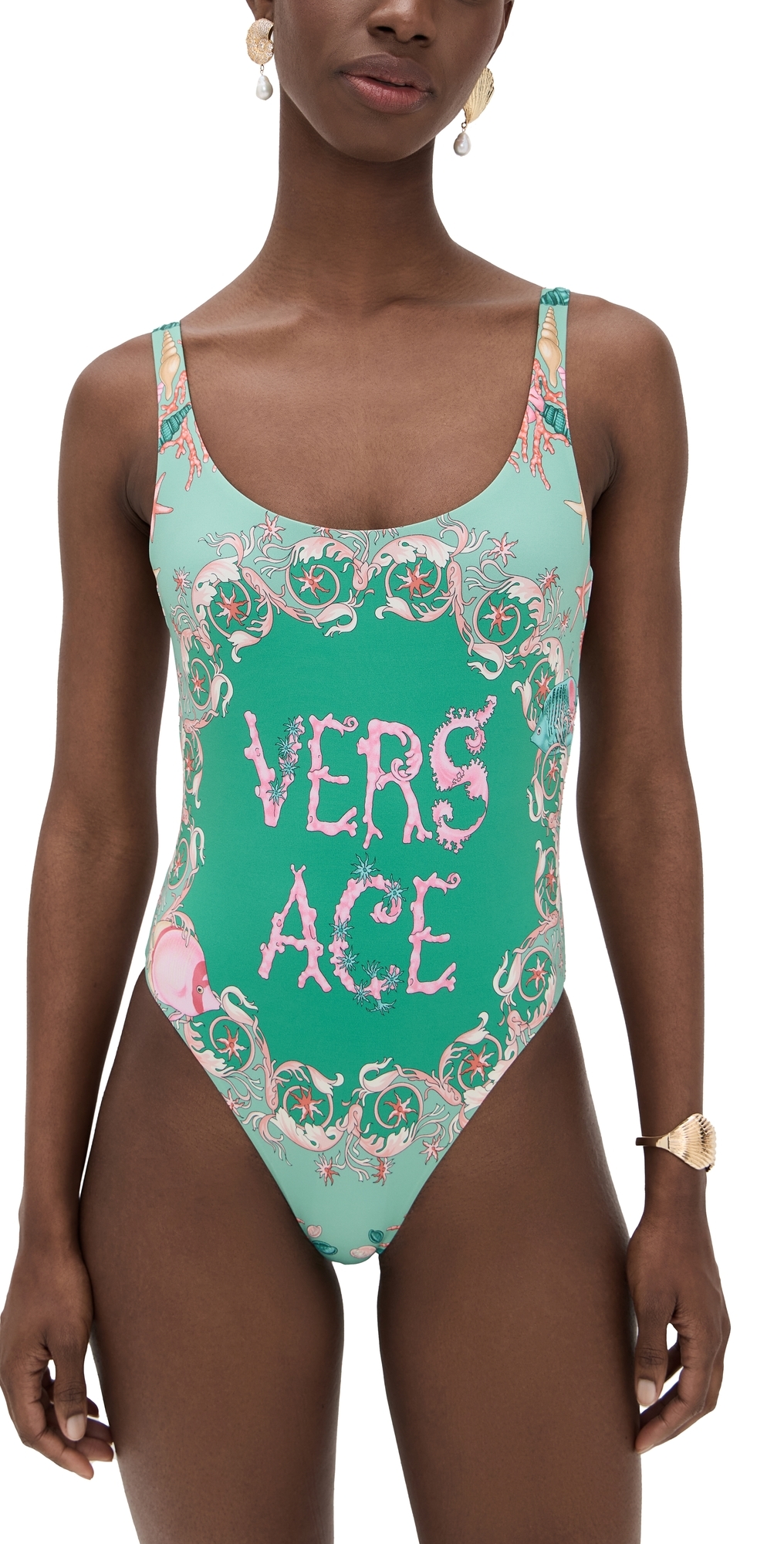 Versace Underwater Barocco Open-back One-piece Swimsuit In Green