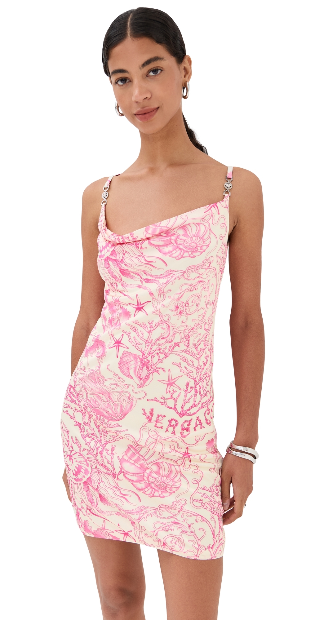 Versace Printed Barocco Knee Length Dress With Metal Embellishments In Pink