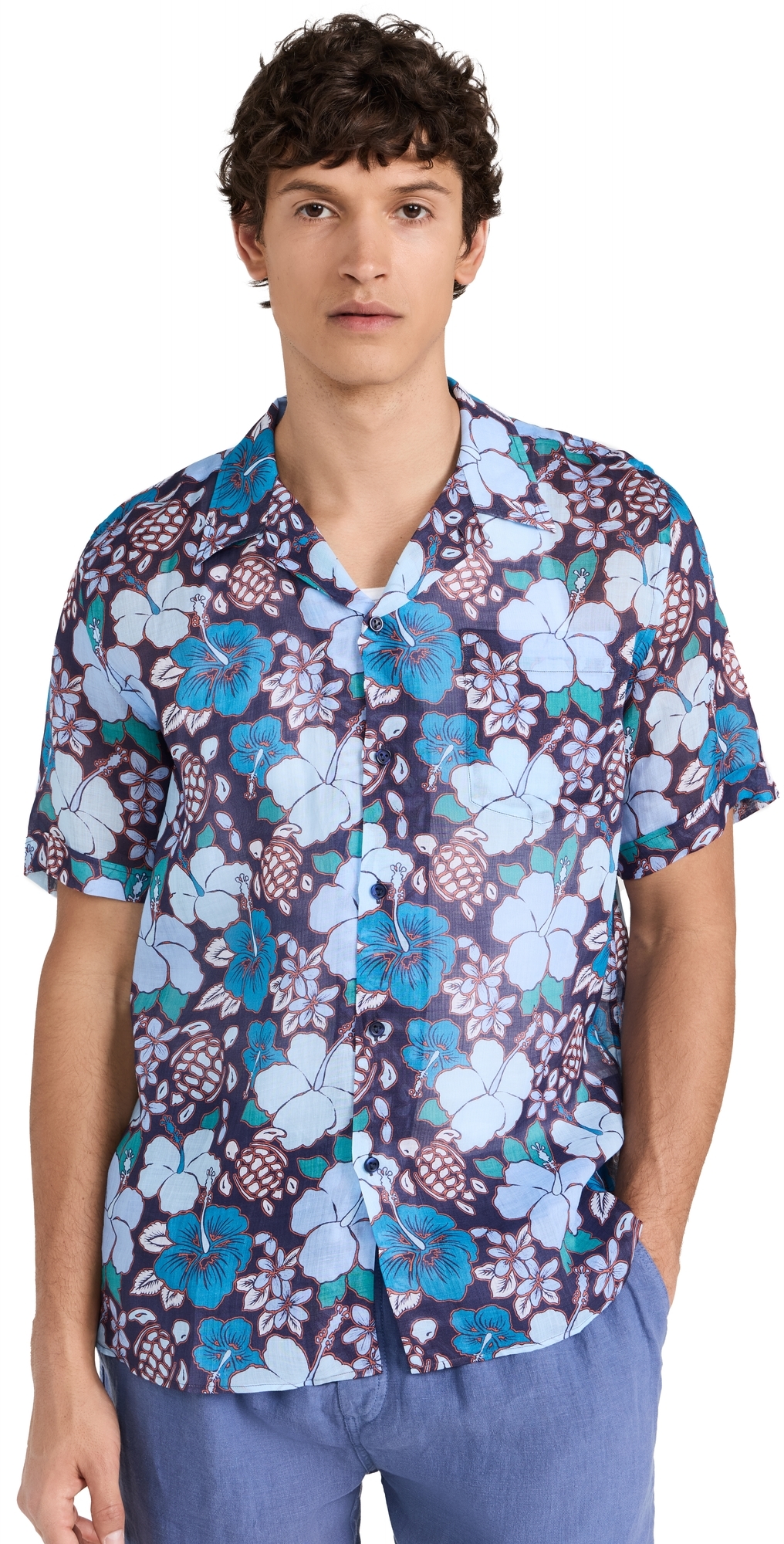 Vilebrequin Bowling Linen Tropical Turtles Shirt In Minuit