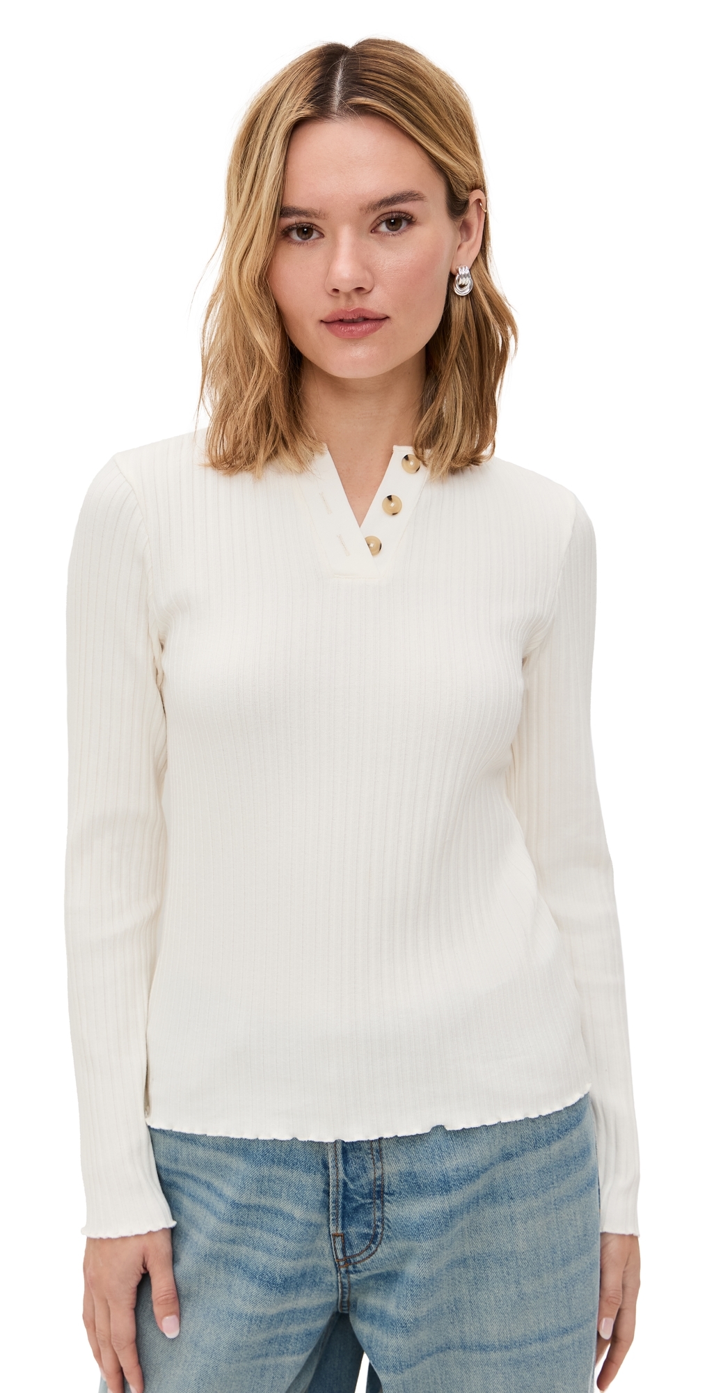 Vince Cotton Blend Rib Henley Sweater In Off White