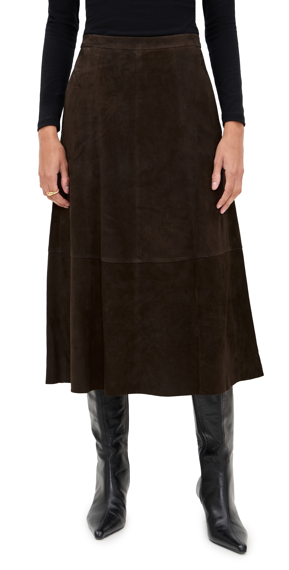 Vince Mid Rise Flared Suede Skirt Deep Espresso In Brown
