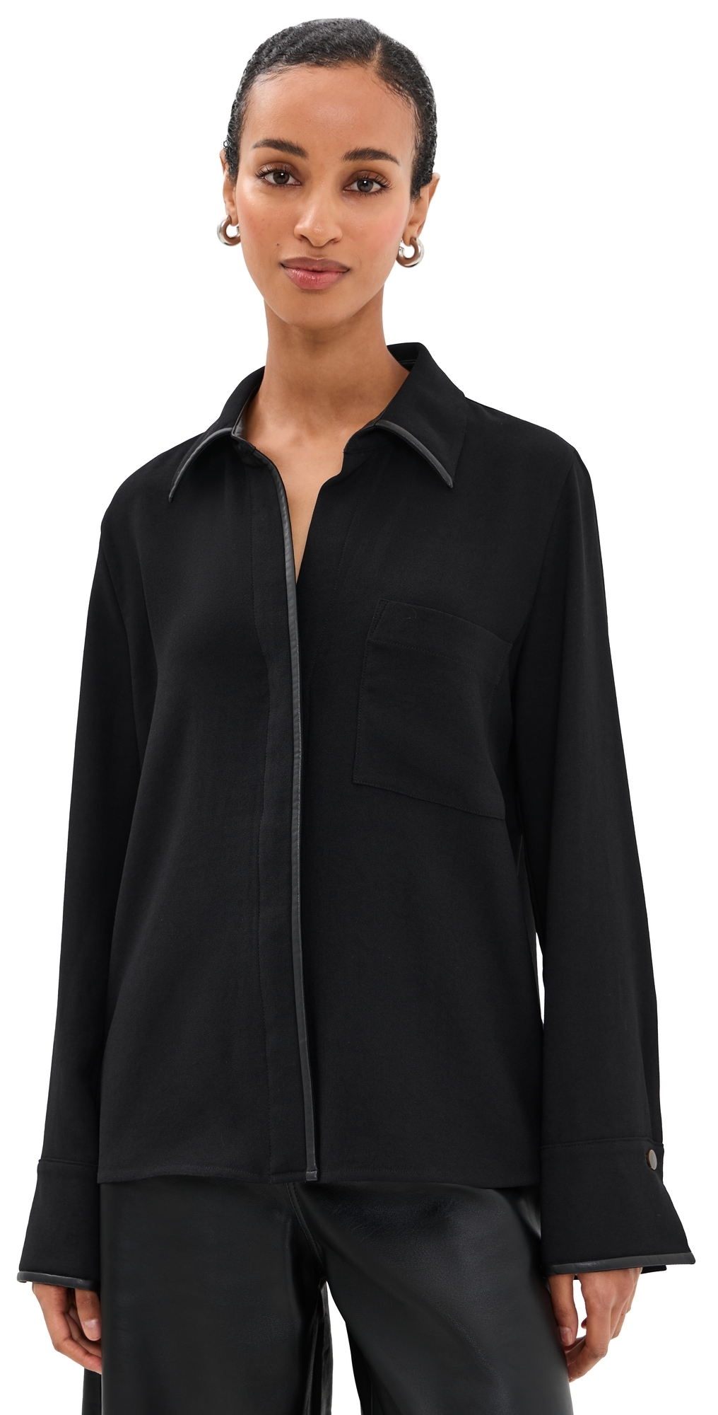 Vince Long Sleeve Blouse With Faux Leather Trim Black In Black