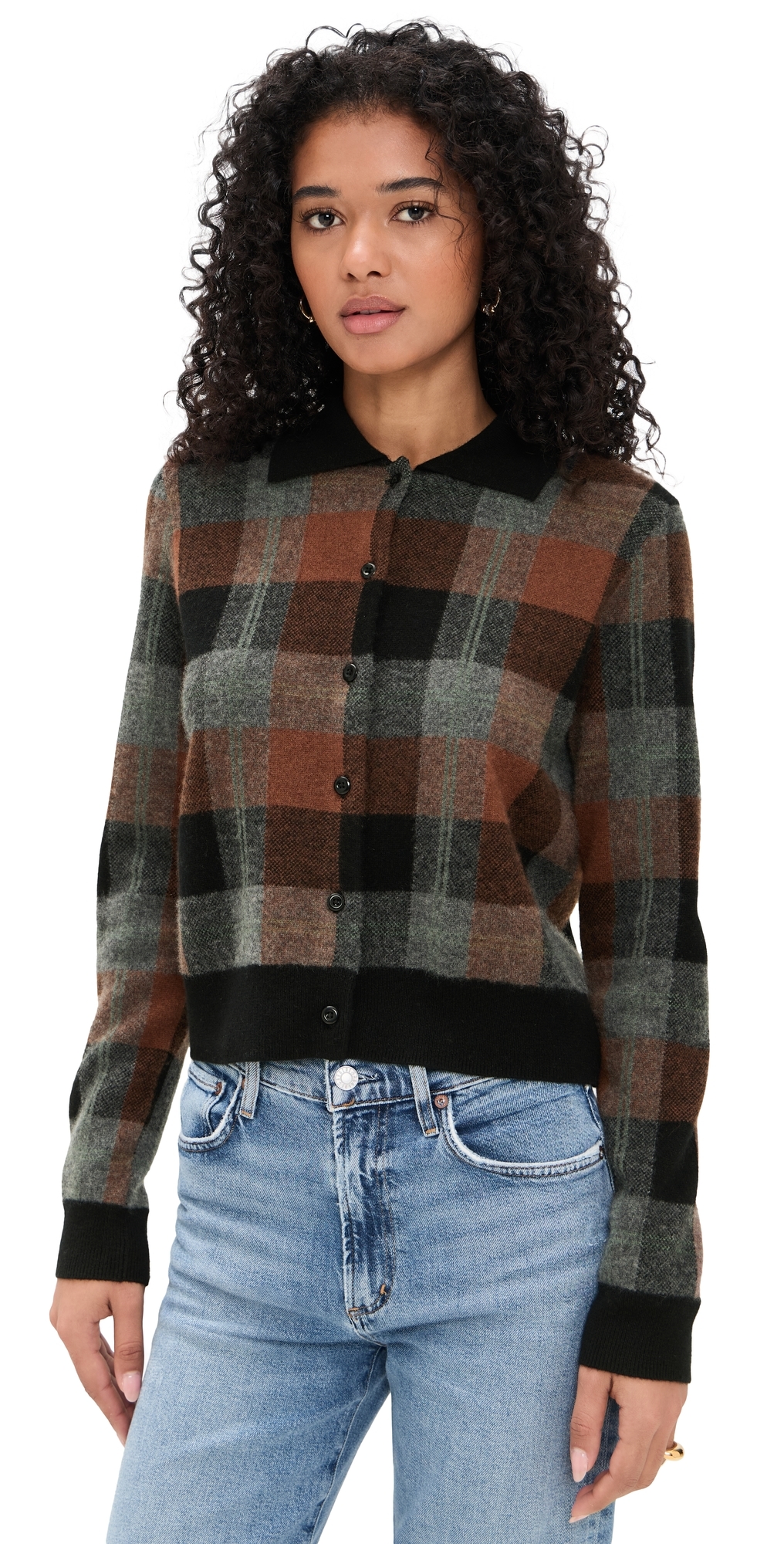 Vince Check Plaid Cashmere Polo Cardigan Cacao/dk H Pewter/black Combo In Brown