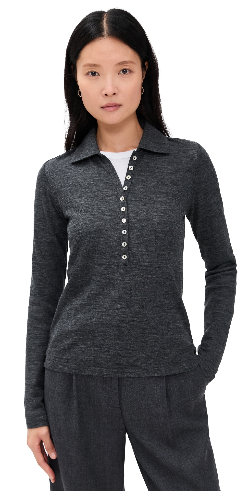 Vince Multi Button Polo Med H Grey In Black