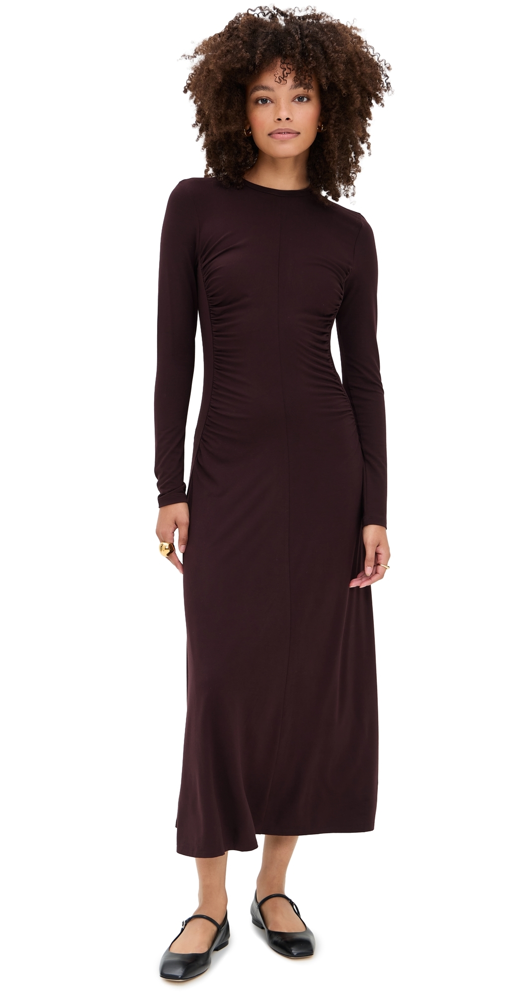 Vince Crew Curved Seam Rouched Dress Dk Fig In Black