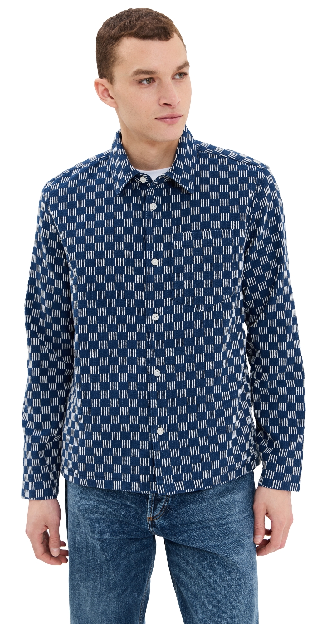 Wax London Grid Stitch Breton Overshirt Indigo/ecru In Indigo/ecru