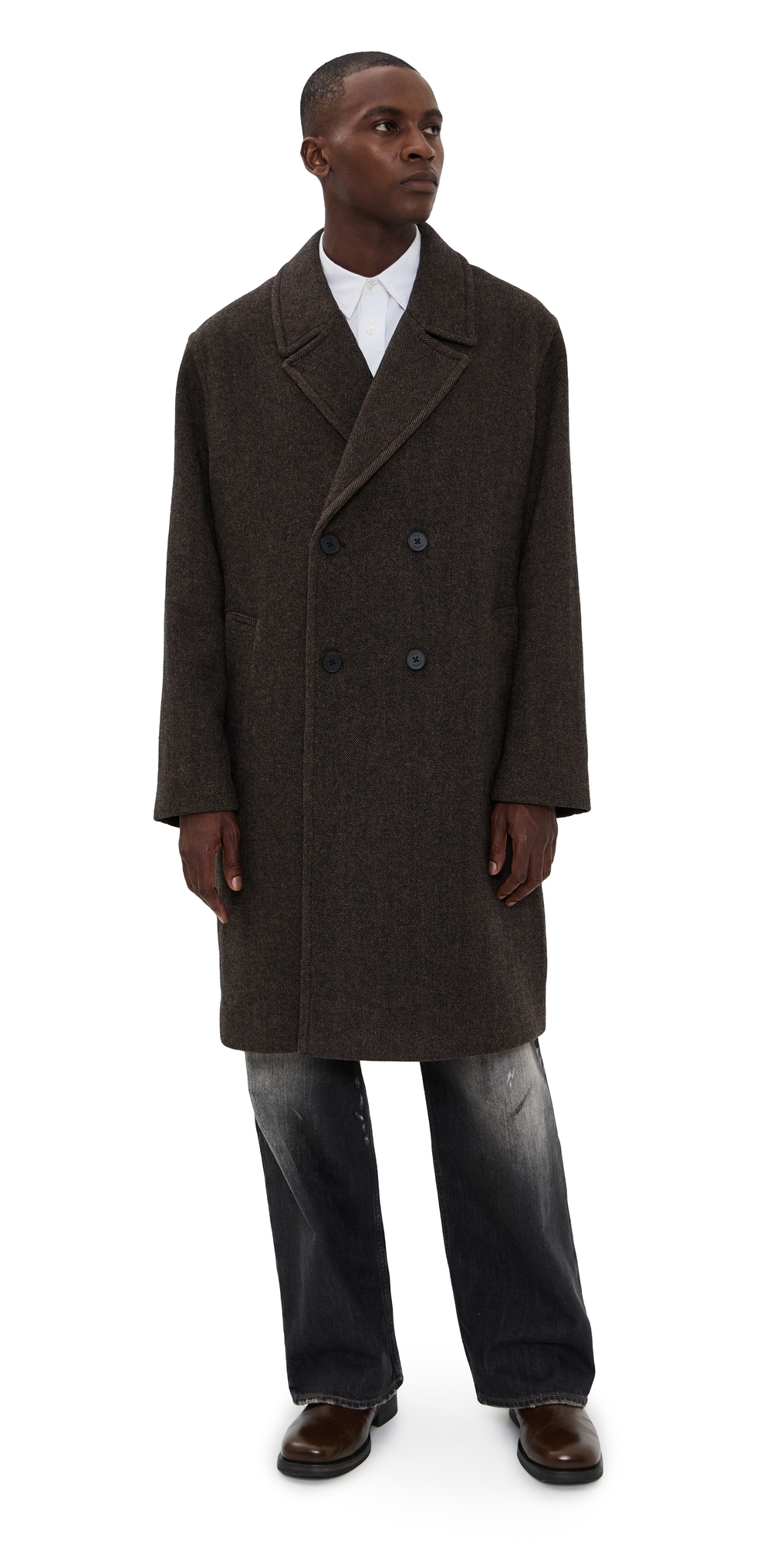Wax London Magnus Double Breasted Overcoat Wool Herringbone/brown In Brown