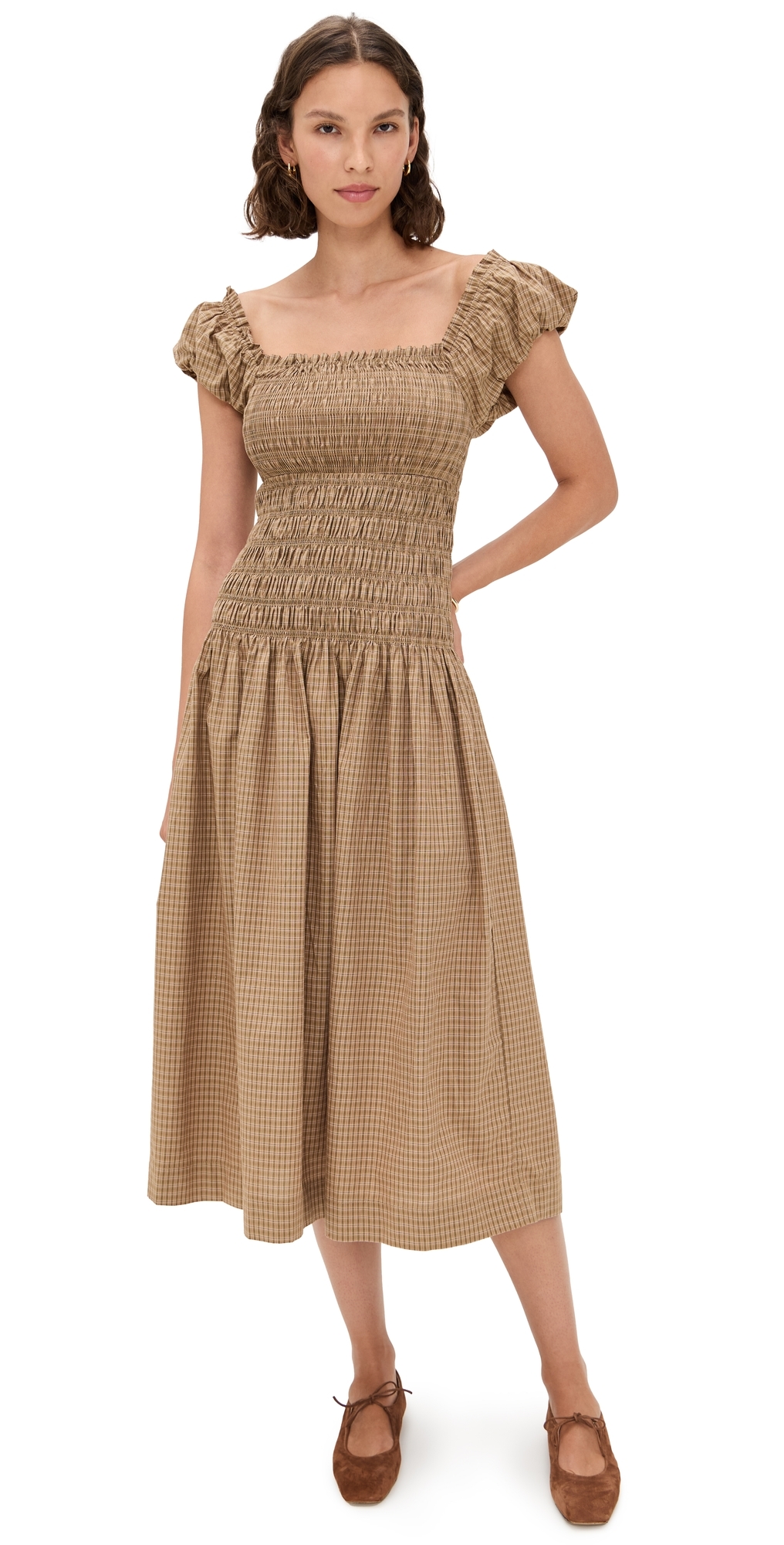 Wayf Cassidy Plaid Smock Bodice Cotton Midi Dress In Brown